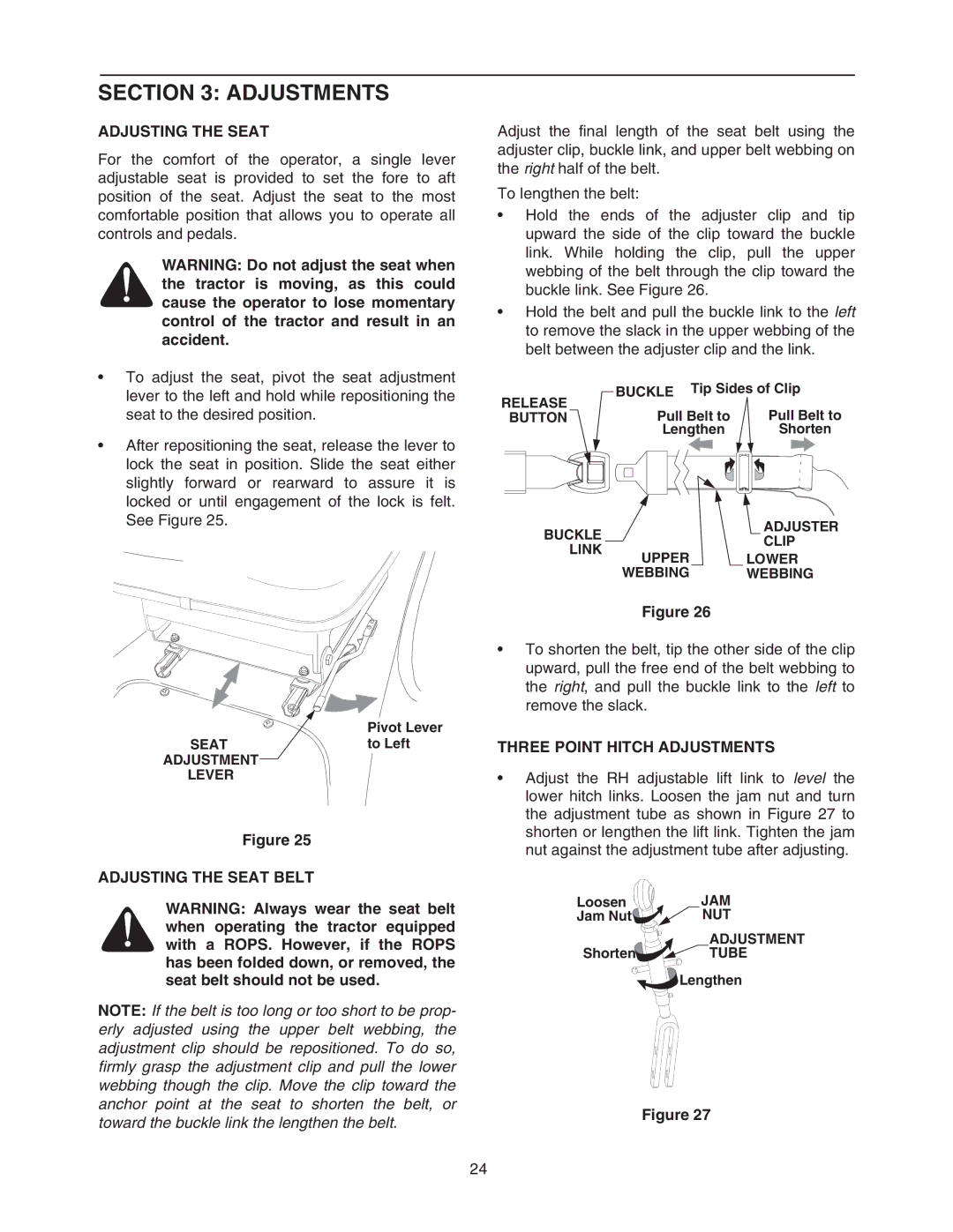 Cub Cadet 6284 manual Adjusting the Seat Belt, Three Point Hitch Adjustments 