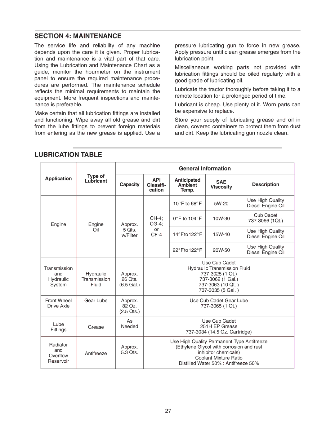 Cub Cadet 6284 manual Maintenance, General Information 