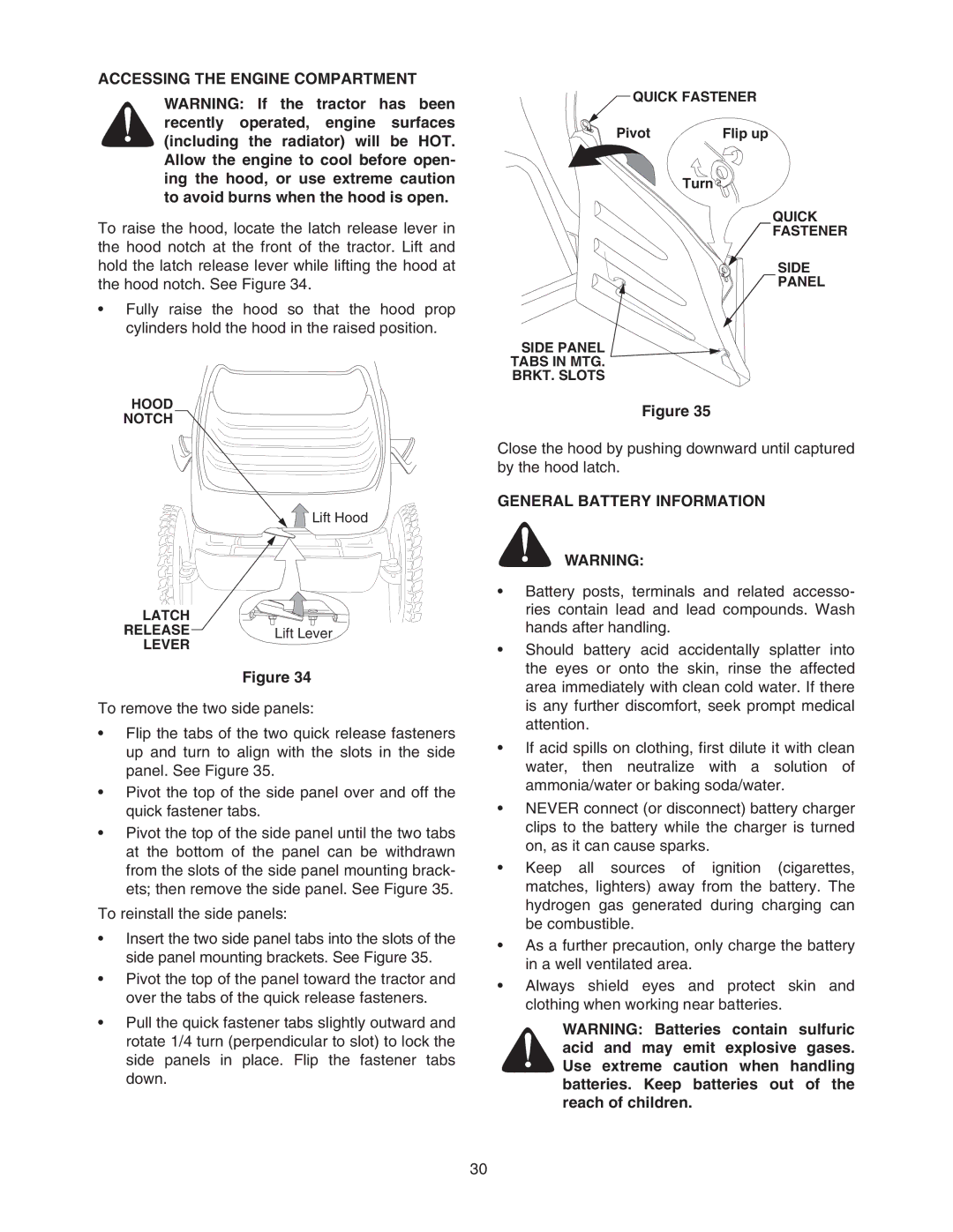 Cub Cadet 6284 manual Accessing the Engine Compartment, General Battery Information 