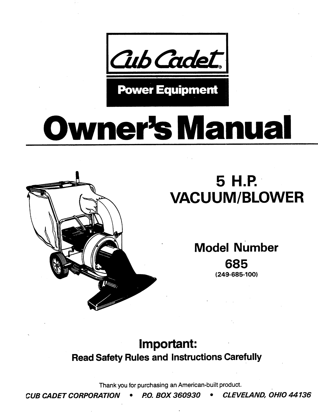 Cub Cadet 685 manual 