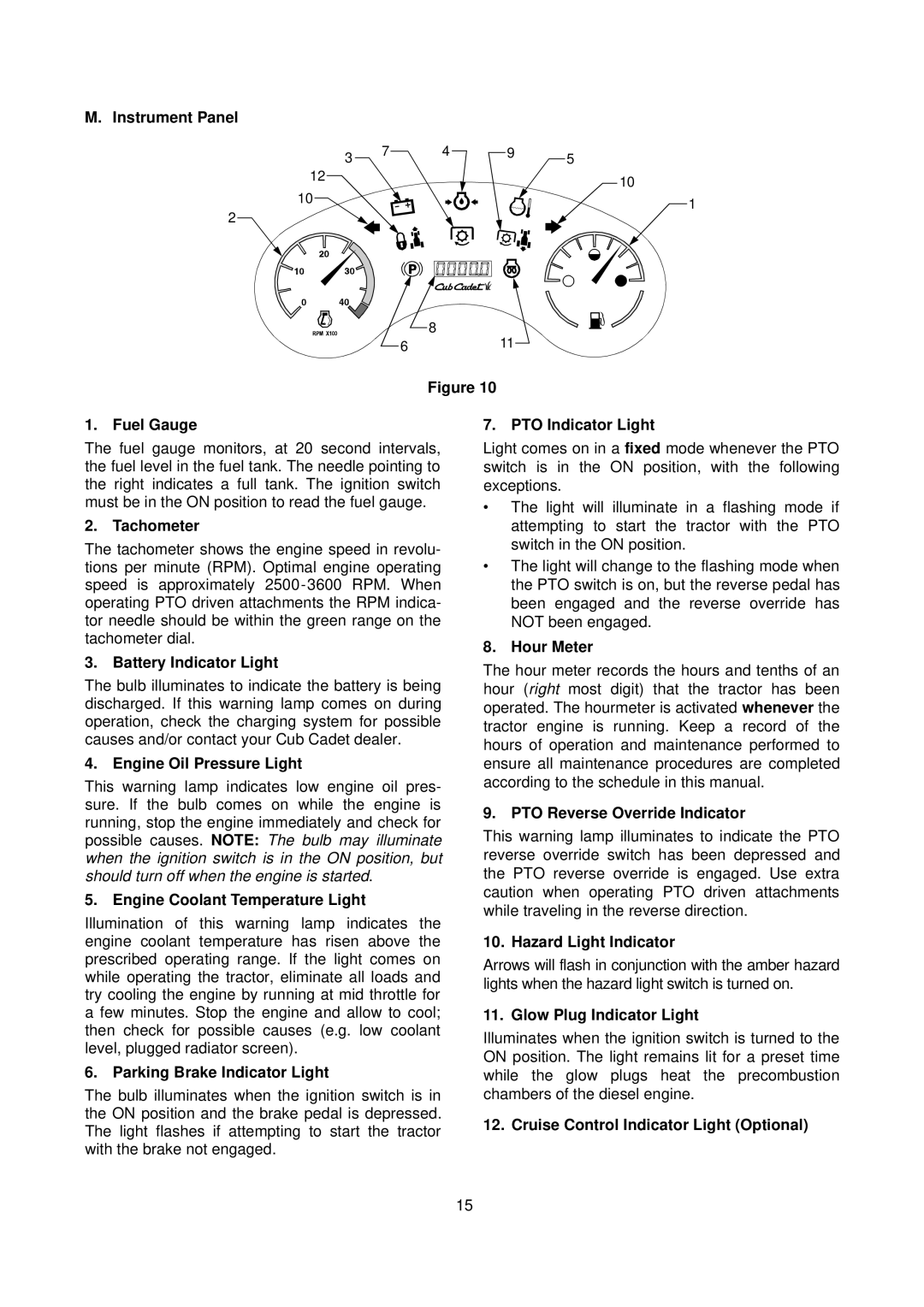 Cub Cadet 7000 Series manual Instrument Panel, Fuel Gauge, Tachometer, Battery Indicator Light, Engine Oil Pressure Light 