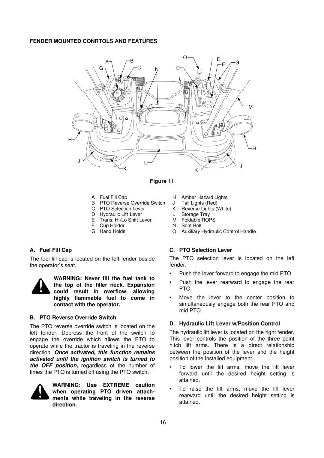 Cub Cadet 7000 Series manual Fender Mounted Conrtols and Features, Fuel Fill Cap, PTO Reverse Override Switch 