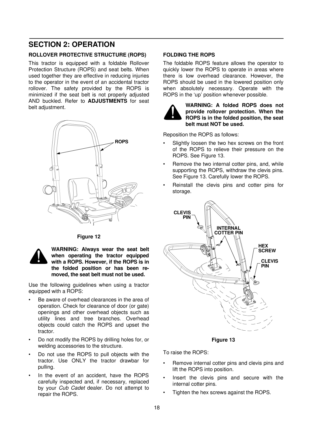 Cub Cadet 7000 Series manual Operation, Rollover Protective Structure Rops, Folding the Rops 