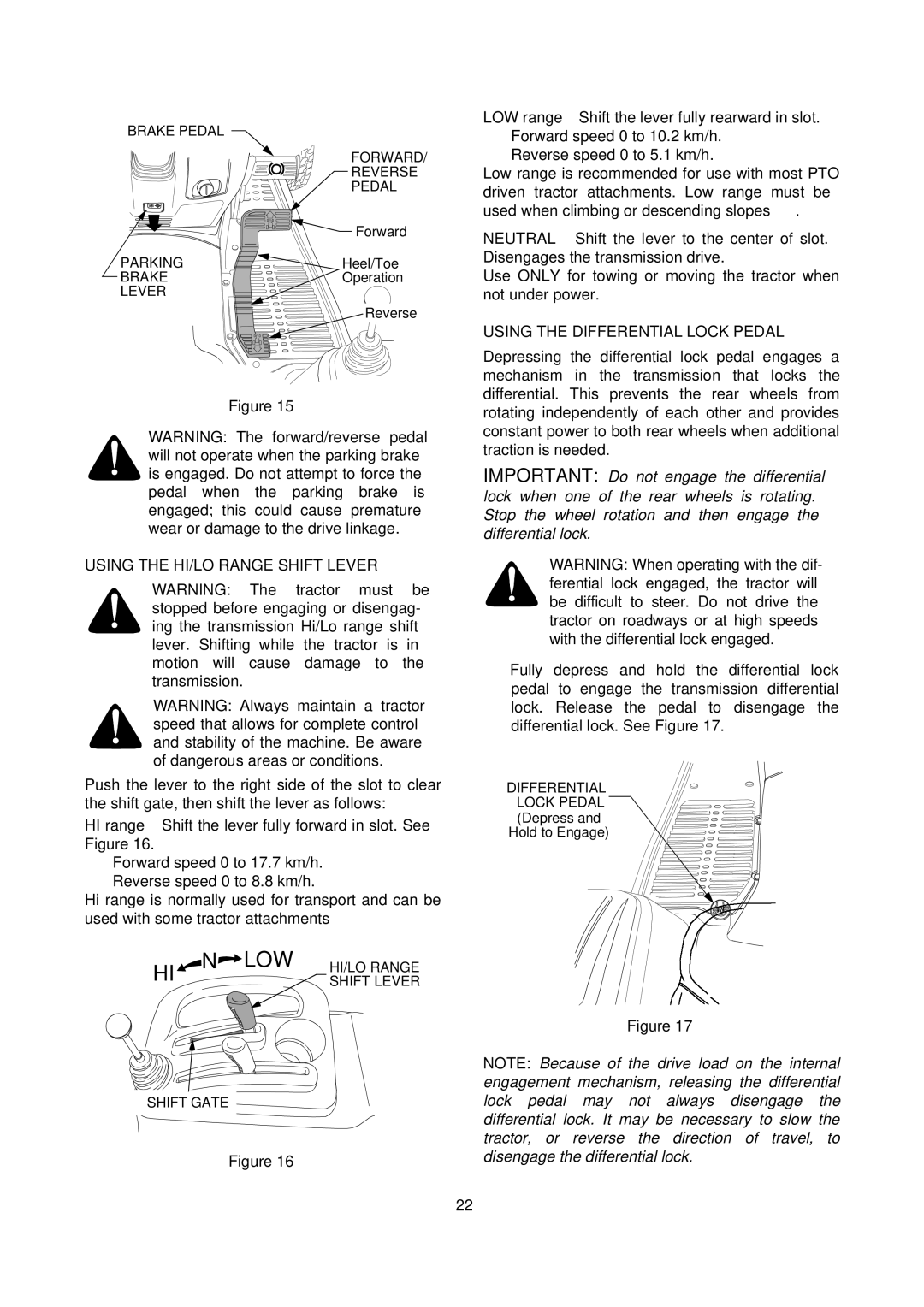 Cub Cadet 7000 Series manual Low, Using the HI/LO Range Shift Lever, Using the Differential Lock Pedal 