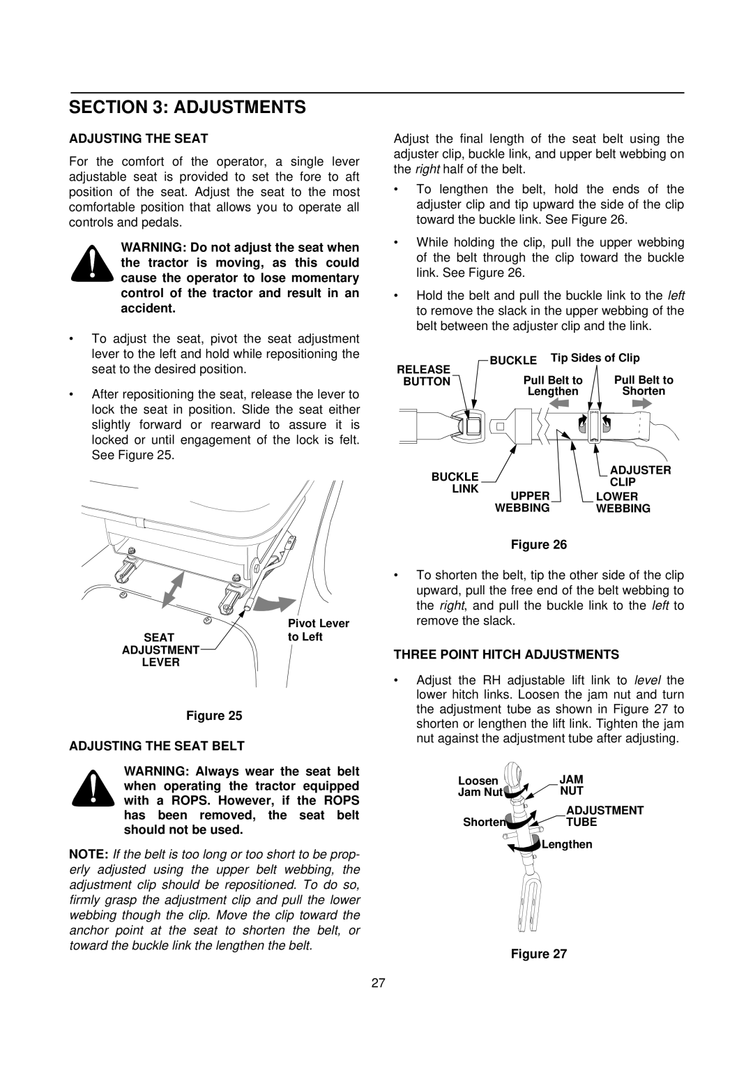 Cub Cadet 7000 Series manual Adjusting the Seat Belt, Three Point Hitch Adjustments 