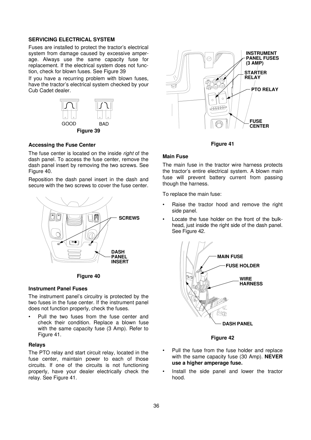 Cub Cadet 7000 Series Servicing Electrical System, Accessing the Fuse Center, Instrument Panel Fuses, Relays, Main Fuse 