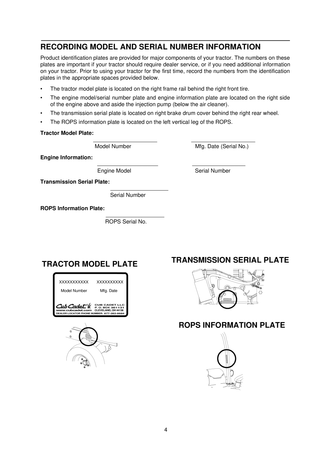 Cub Cadet 7000 Series manual Recording Model and Serial Number Information, Tractor Model Plate, Rops Information Plate 