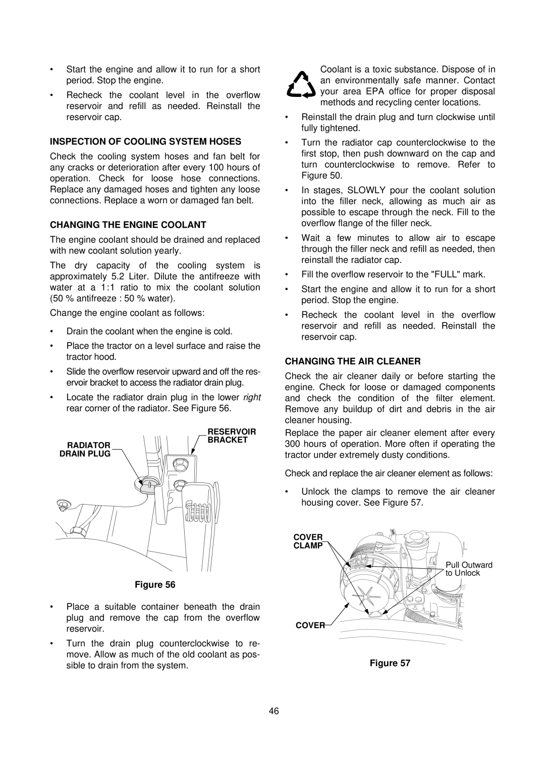 Cub Cadet 7000 Series manual Inspection of Cooling System Hoses, Changing the Engine Coolant, Changing the AIR Cleaner 