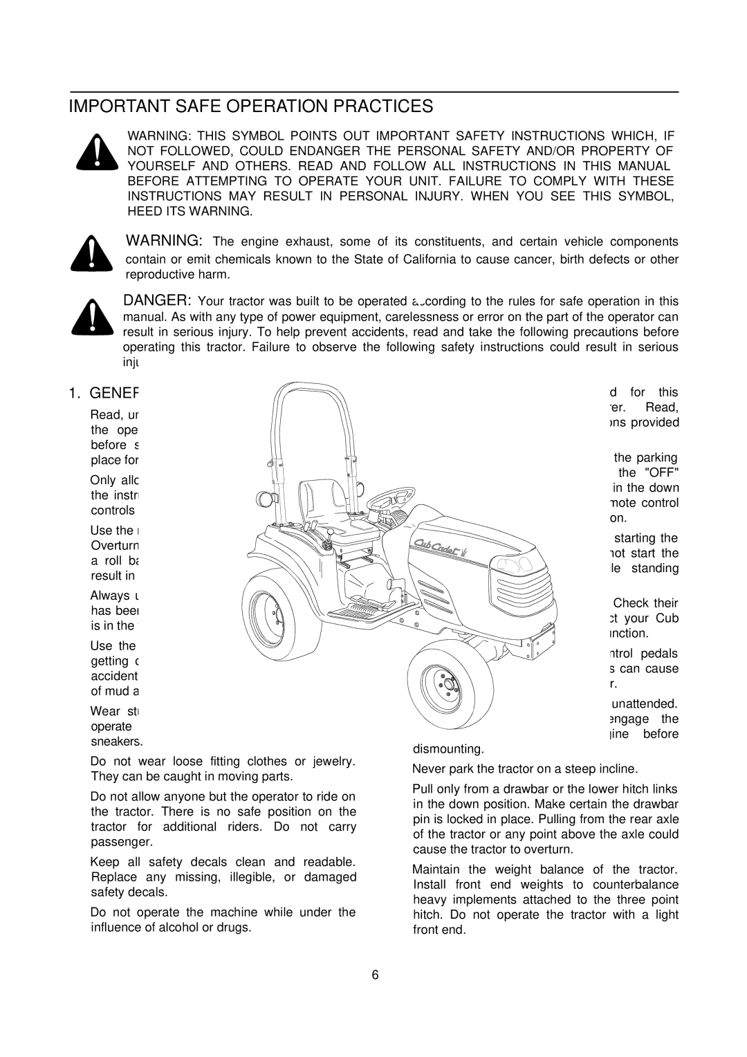 Cub Cadet 7000 Series manual Important Safe Operation Practices, General Operation 