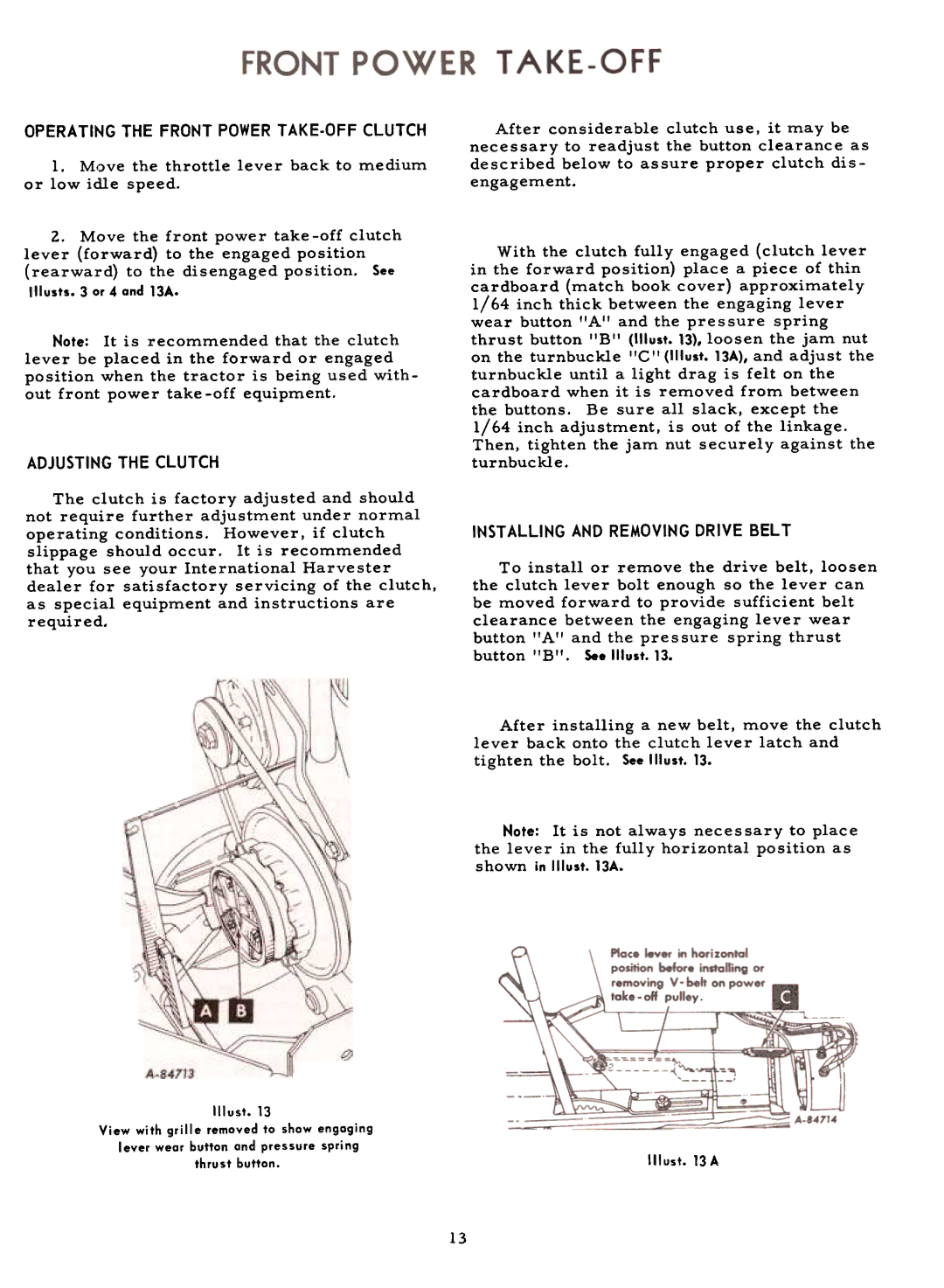 Cub Cadet 71 Operatingthe FRONTPOWERTAKE.OFF Clutch, Adjustingthe Clutch, Turnbuckle, Installingand Removingdrive Belt 