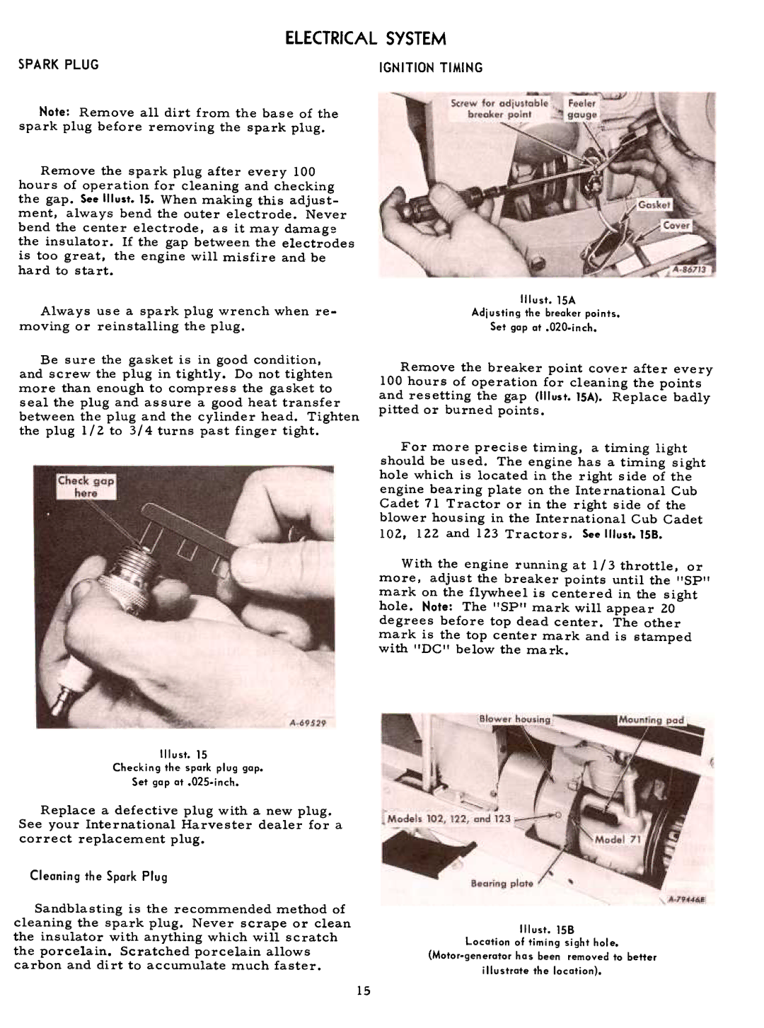 Cub Cadet 71 manual Electricalsystem, Sparkplugignitiontiming 