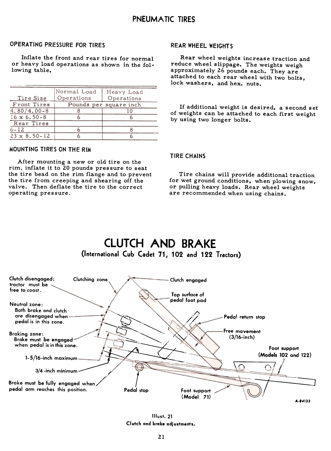 Cub Cadet 71 manual Clutch And Brake, Pneumatictires, ~~===~, t ~.==~, 7~21 