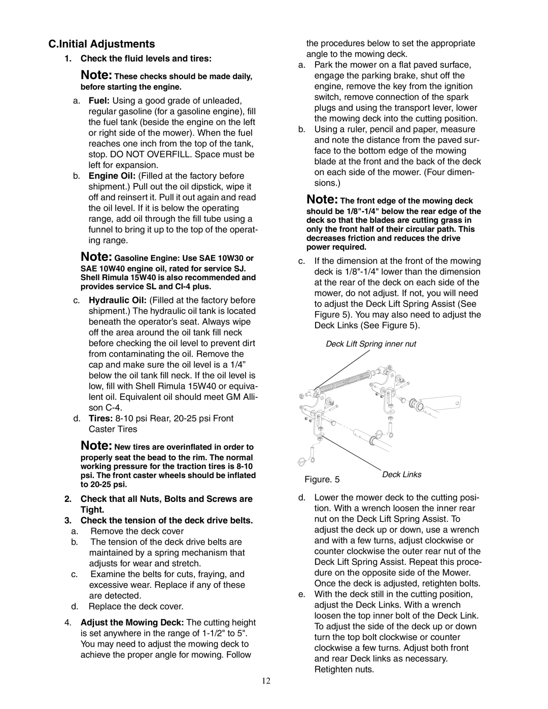 Cub Cadet 48-inch, 54-inch, 60-inch, 72-inch service manual Initial Adjustments, Check the fluid levels and tires 