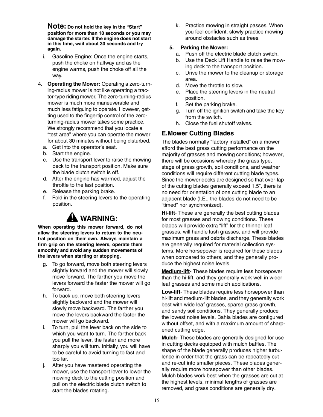 Cub Cadet 48-inch, 54-inch, 60-inch, 72-inch service manual Mower Cutting Blades, Parking the Mower 