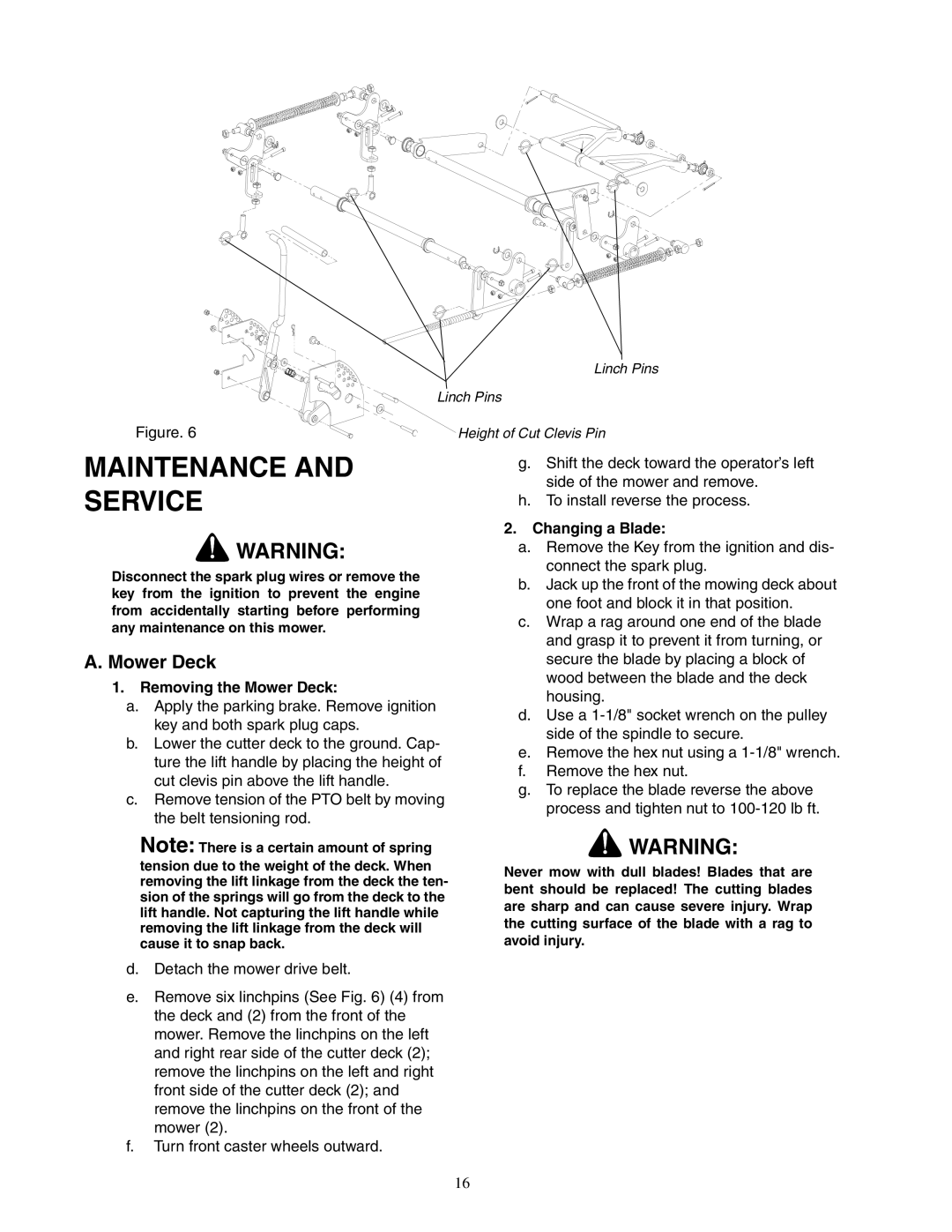 Cub Cadet 54-inch, 72-inch service manual Maintenance Service, Removing the Mower Deck, Changing a Blade 