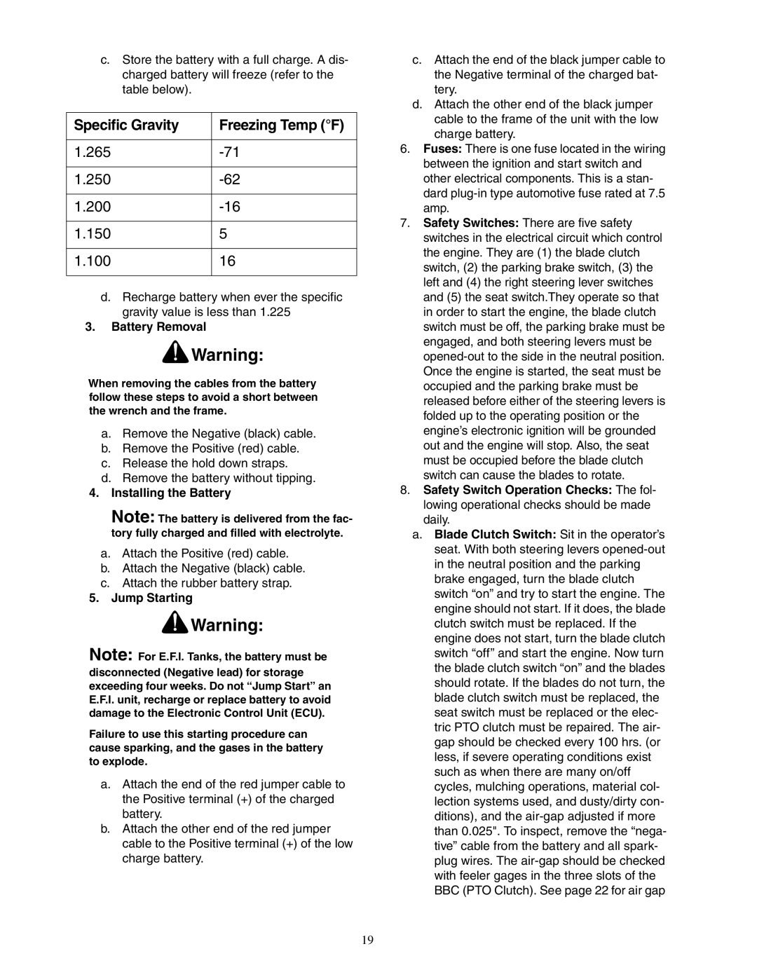 Cub Cadet 54-inch, 72-inch Specific Gravity Freezing Temp F, Battery Removal, Installing the Battery, Jump Starting 