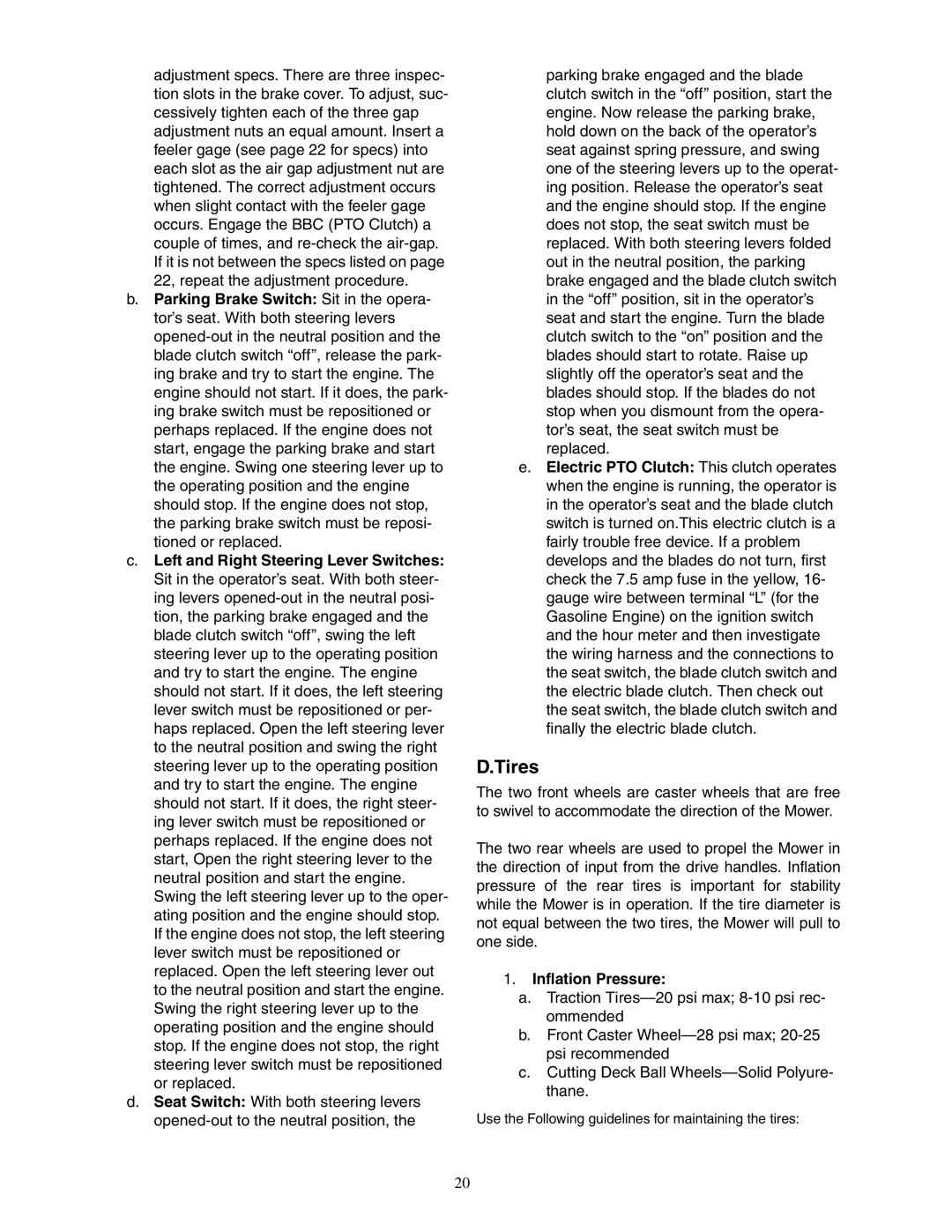 Cub Cadet 48-inch, 54-inch, 60-inch, 72-inch service manual Tires, Inflation Pressure 