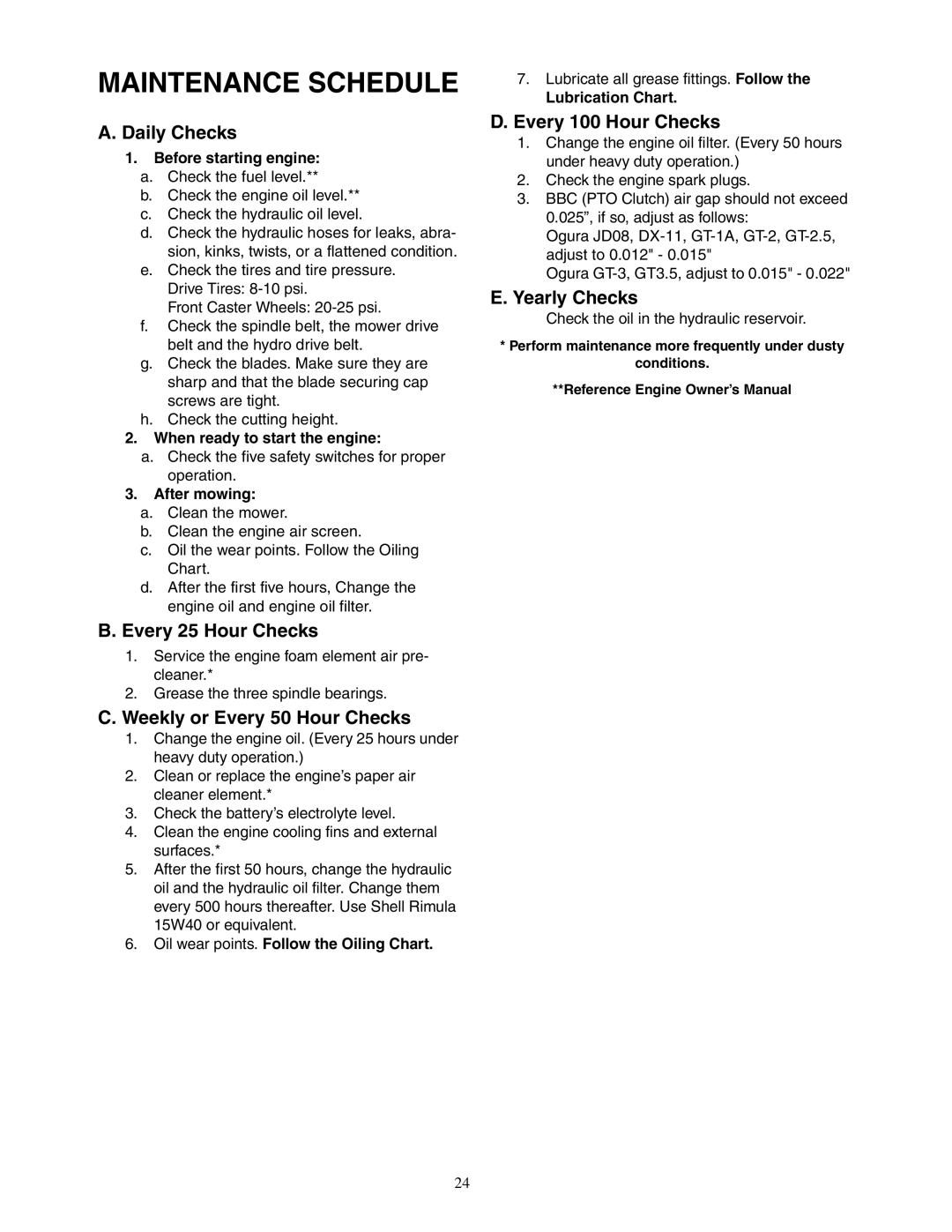 Cub Cadet 48-inch, 54-inch, 60-inch, 72-inch service manual Maintenance Schedule 