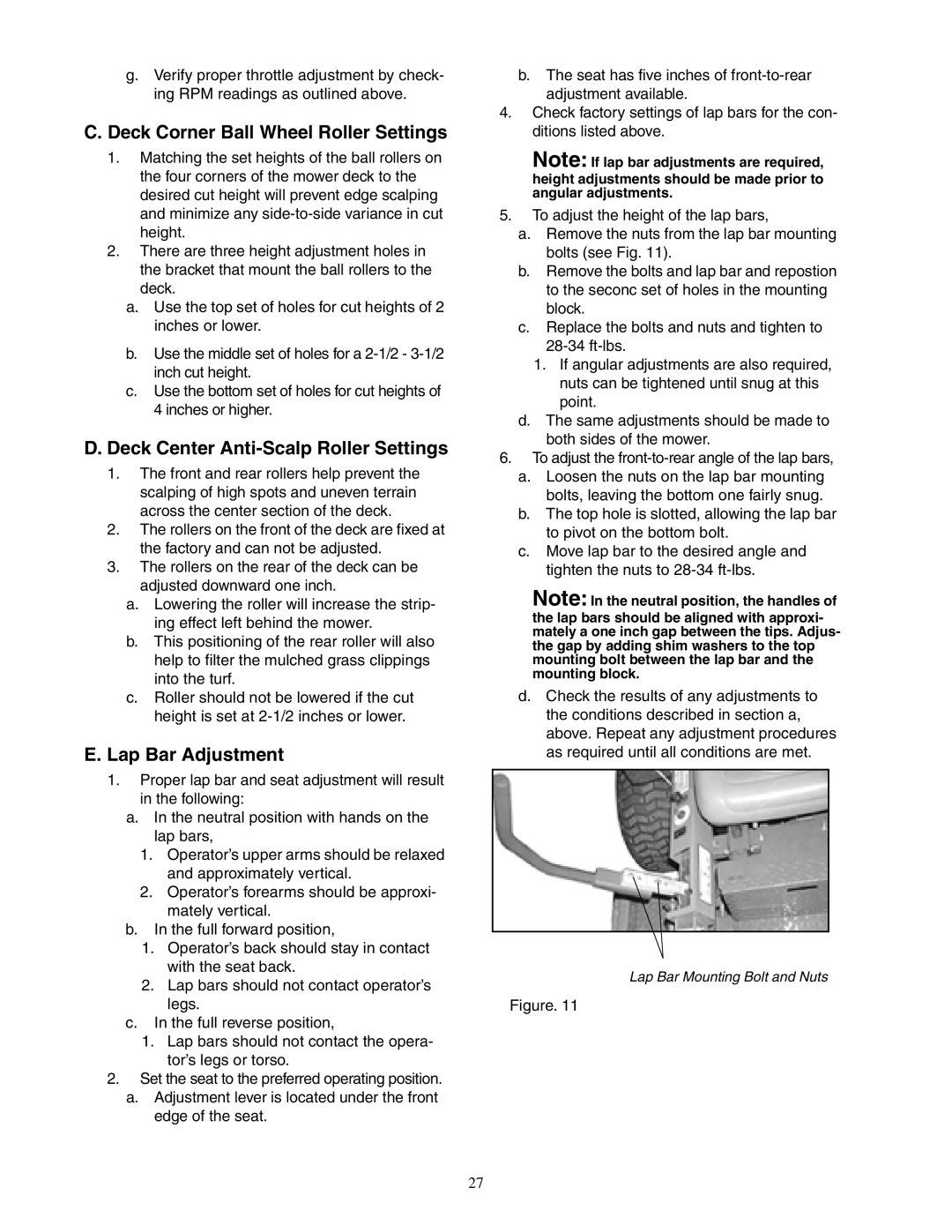 Cub Cadet 72-inch Deck Corner Ball Wheel Roller Settings, Deck Center Anti-Scalp Roller Settings, Lap Bar Adjustment 