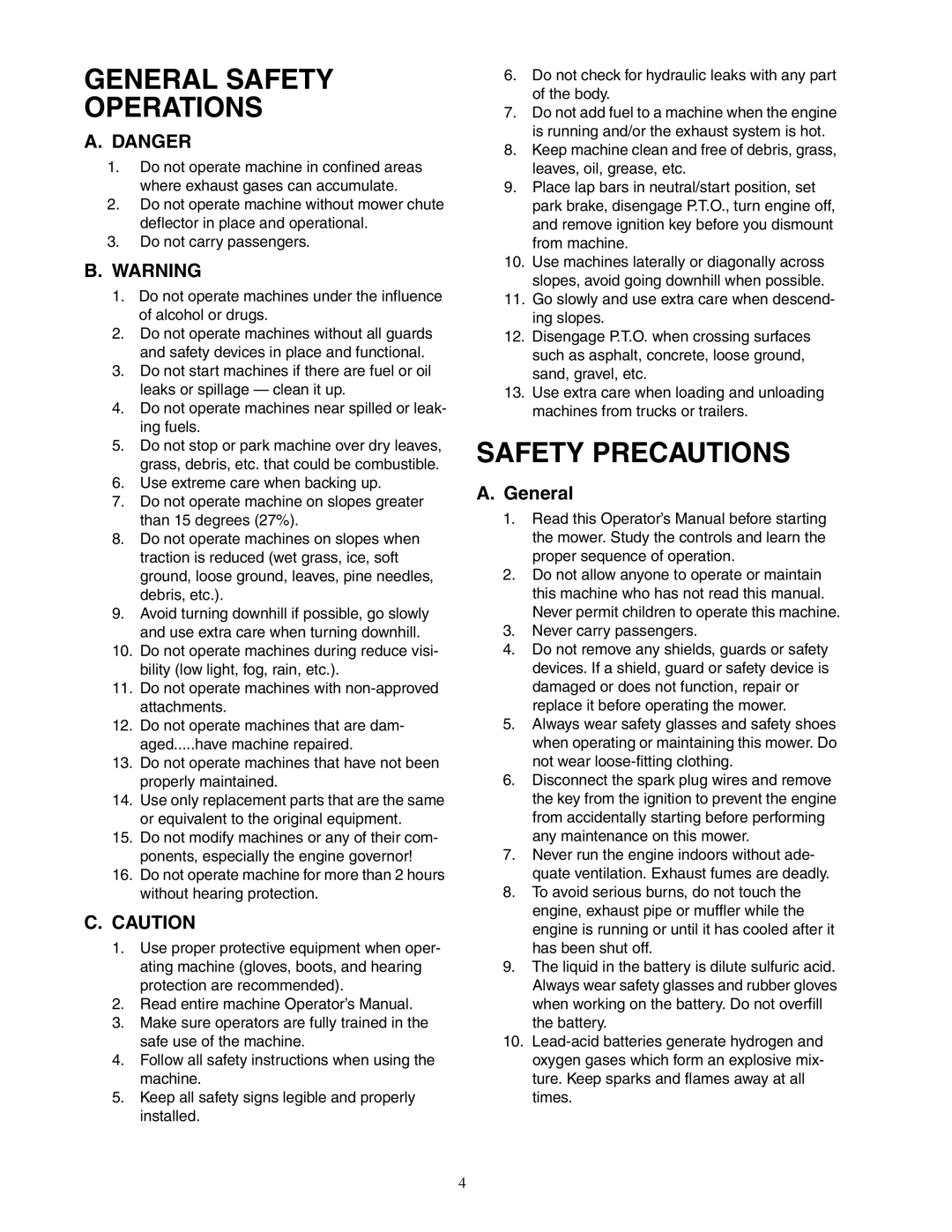 Cub Cadet 48-inch, 54-inch, 60-inch, 72-inch service manual General Safety Operations, Safety Precautions 