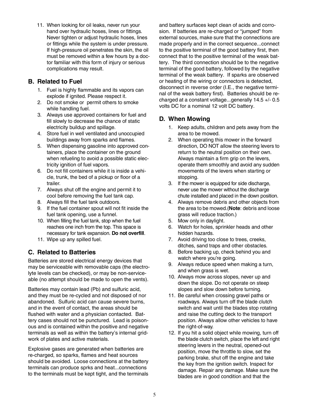 Cub Cadet 48-inch, 54-inch, 60-inch, 72-inch service manual Related to Fuel, Related to Batteries, When Mowing 