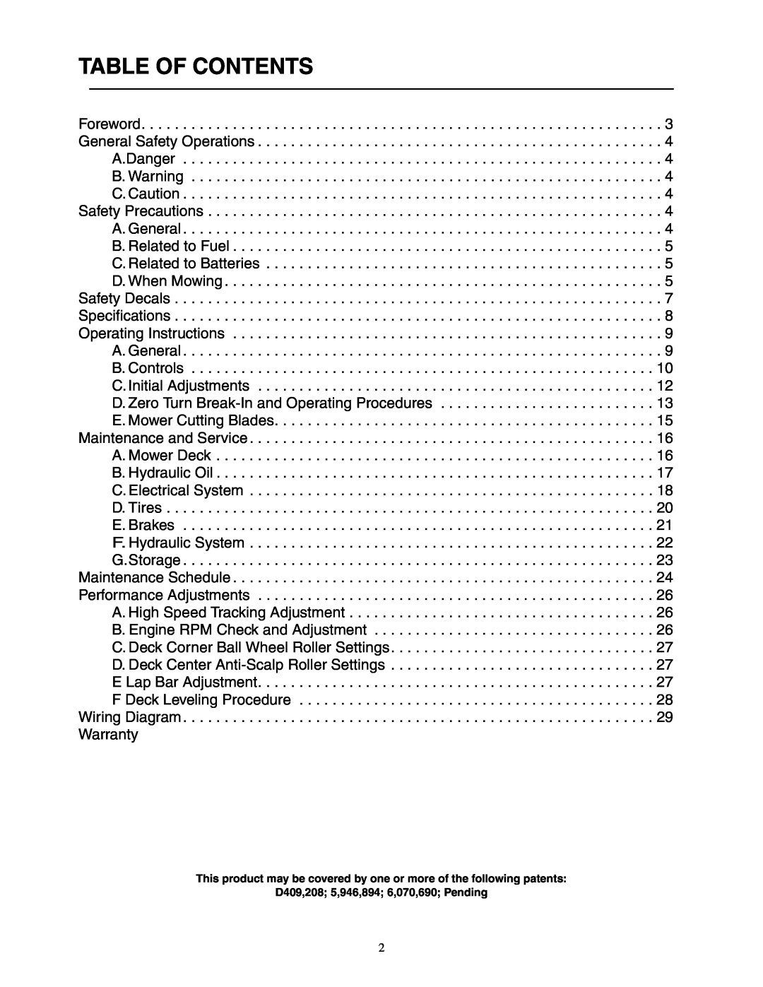 Cub Cadet 48-inch, 54-inch, 60-inch, 72-inch service manual Table Of Contents 