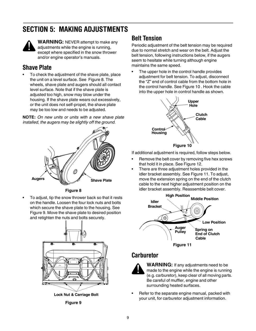 Cub Cadet 721E manual Shave Plate, Belt Tension, Carburetor 