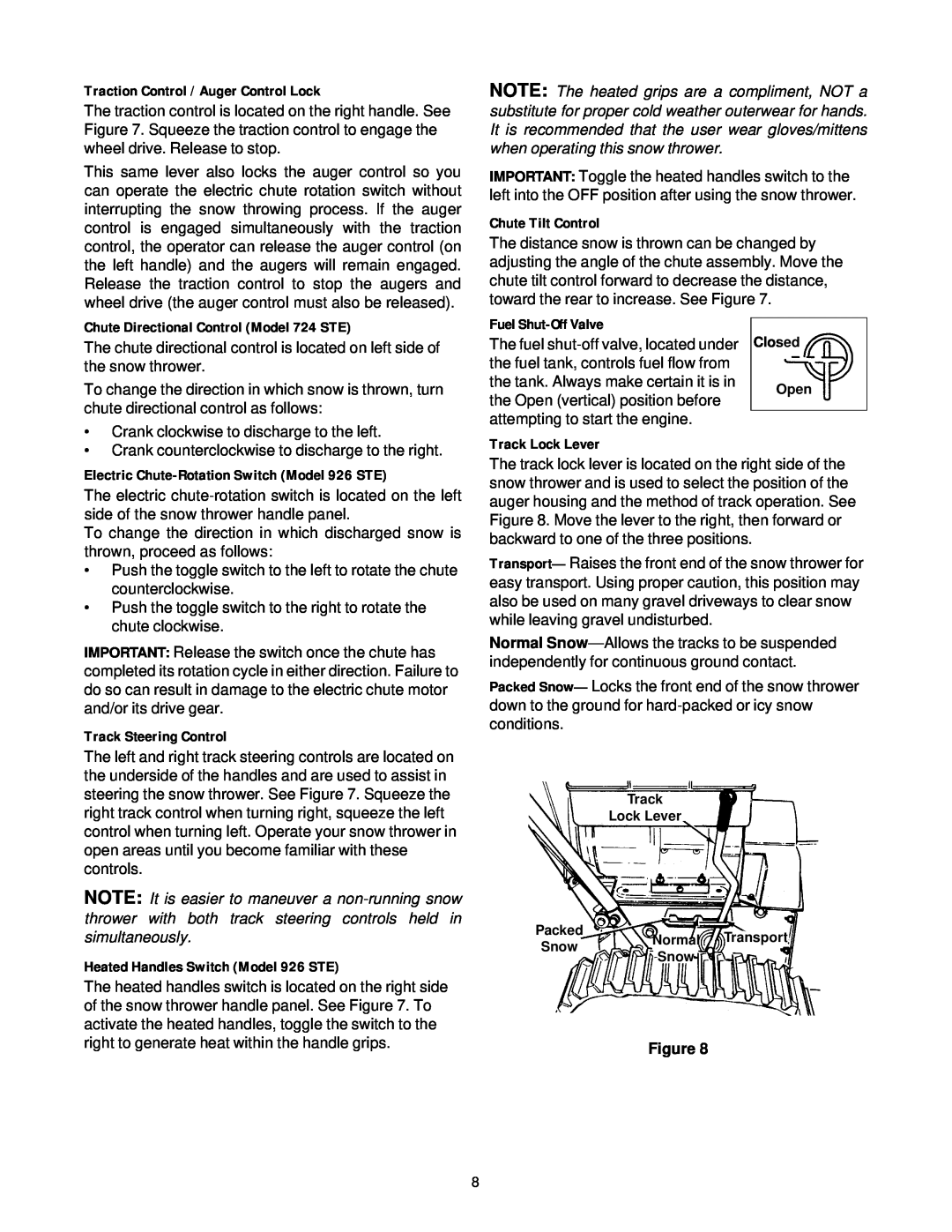 Cub Cadet manual Traction Control / Auger Control Lock, Chute Directional Control Model 724 STE, Track Steering Control 