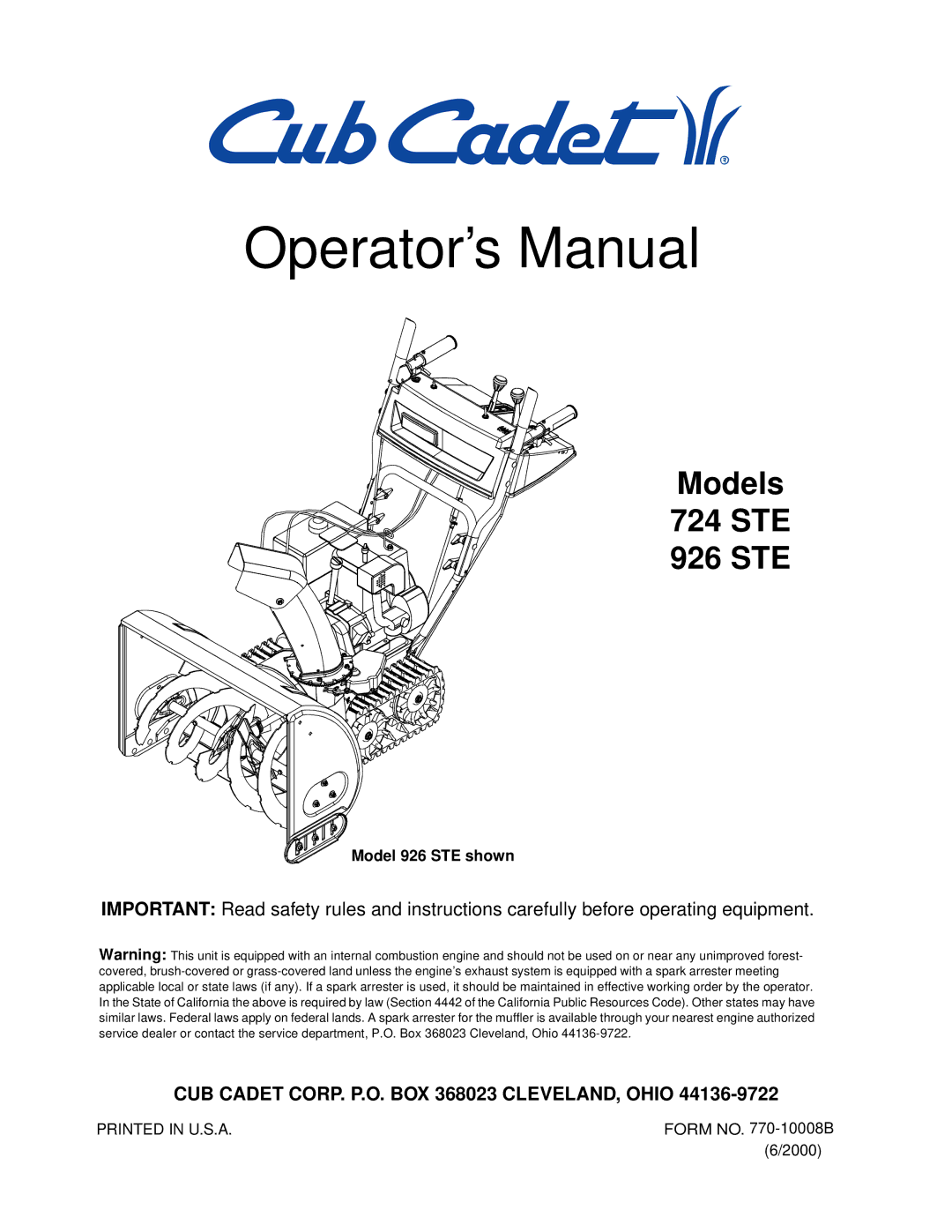 Cub Cadet 926 STE, 724 STE manual Operator’s Manual 