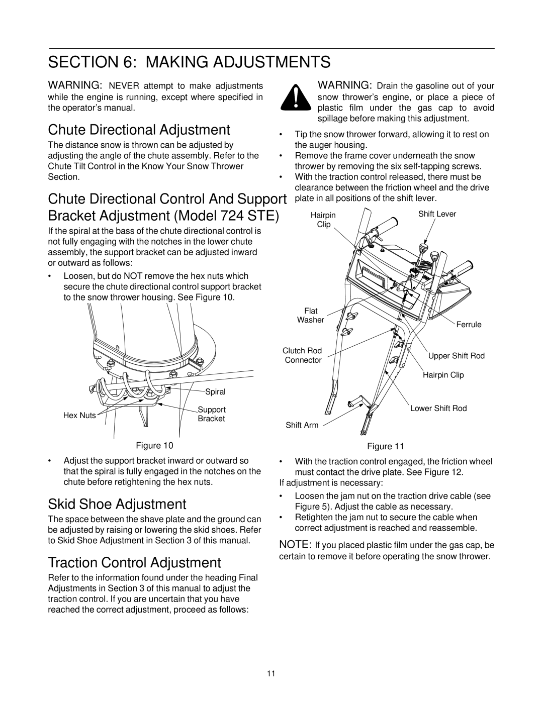 Cub Cadet 926 STE, 724 STE manual Chute Directional Adjustment, Skid Shoe Adjustment, Traction Control Adjustment 