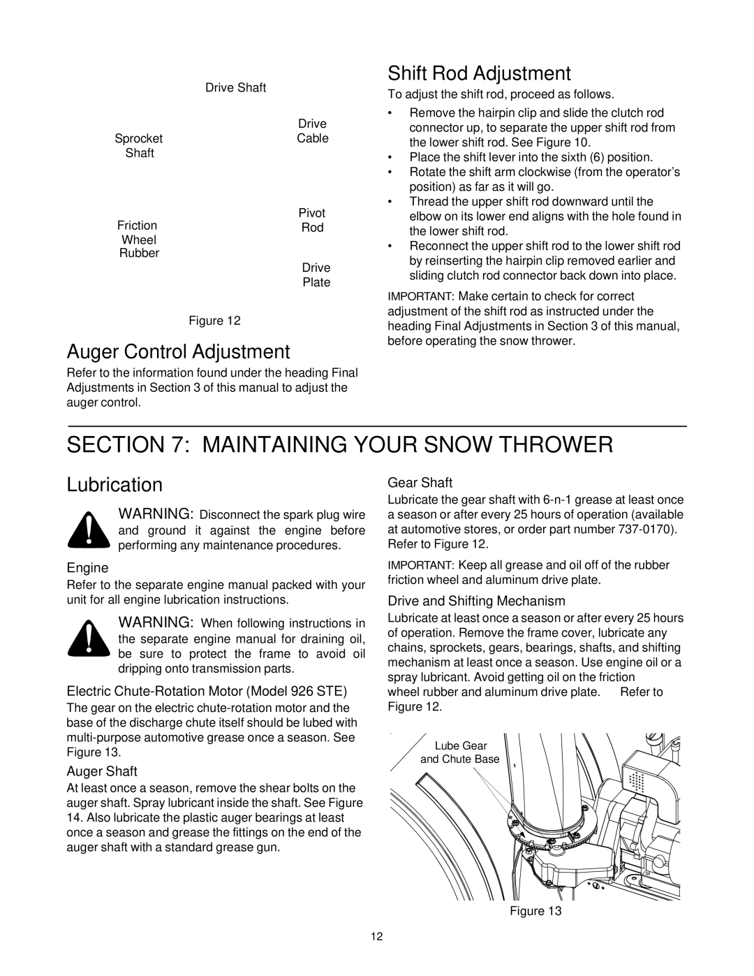 Cub Cadet 724 STE, 926 STE manual Maintaining Your Snow Thrower, Shift Rod Adjustment, Lubrication 