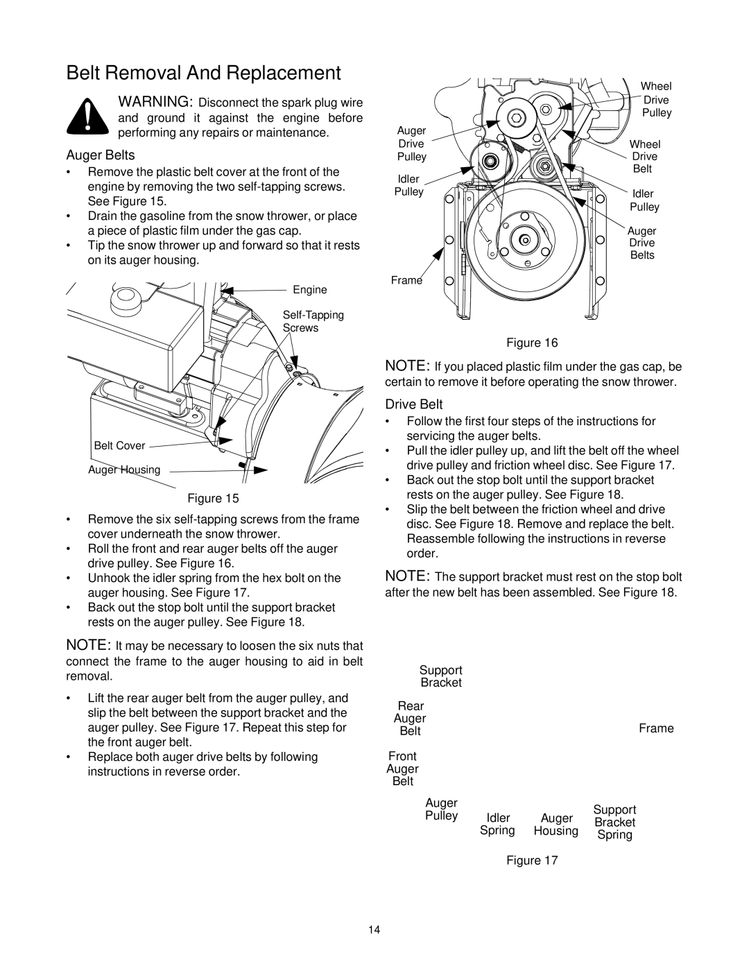 Cub Cadet 724 STE, 926 STE manual Belt Removal And Replacement, Auger Belts, Drive Belt 