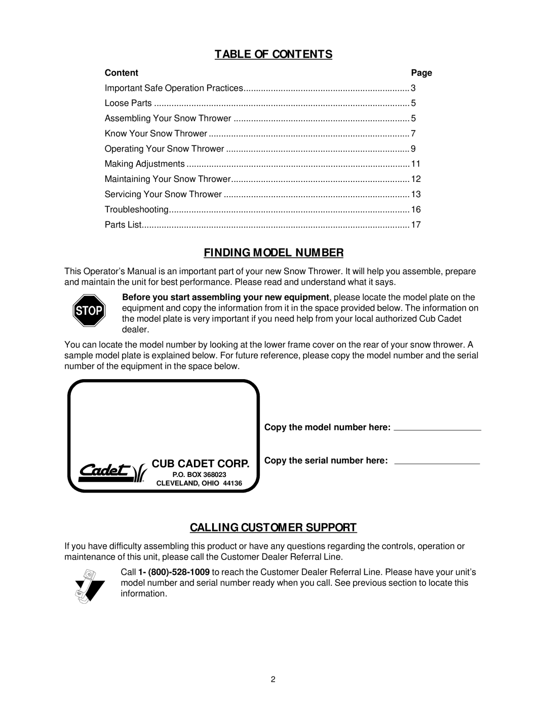 Cub Cadet 724 STE, 926 STE manual Table of Contents 