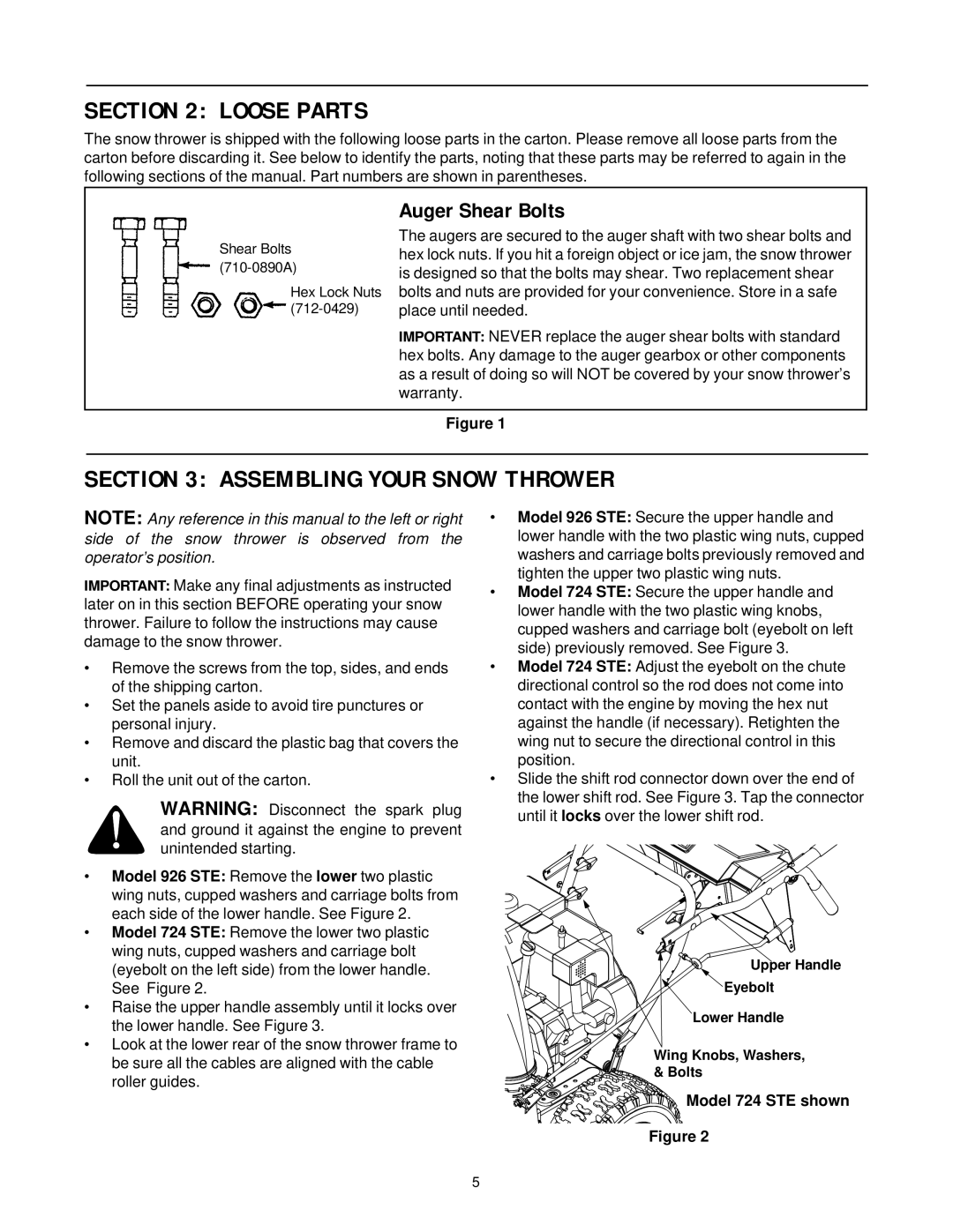 Cub Cadet 926 STE, 724 STE manual Loose Parts, Assembling Your Snow Thrower, Auger Shear Bolts 