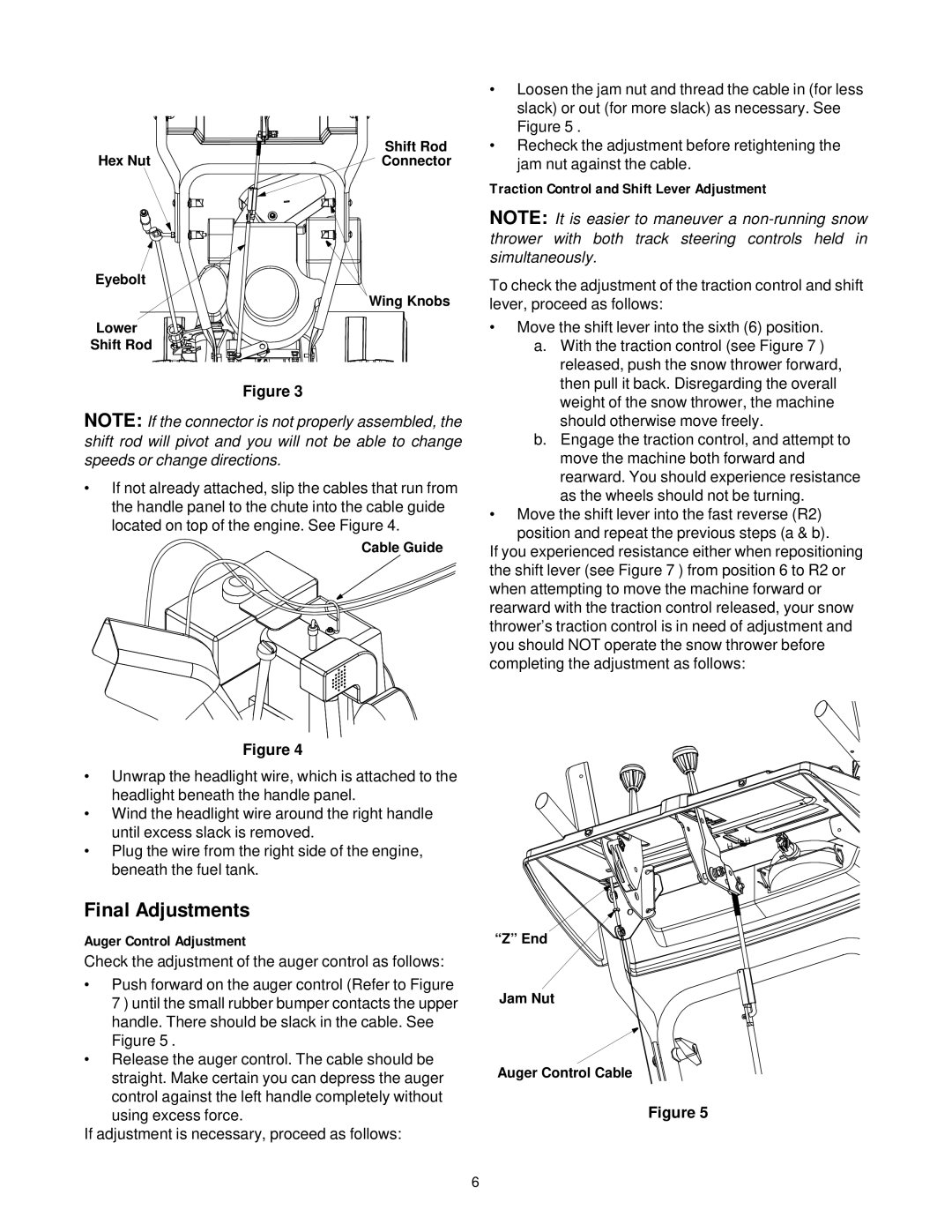 Cub Cadet 724 STE, 926 STE manual Final Adjustments, Auger Control Adjustment, Traction Control and Shift Lever Adjustment 