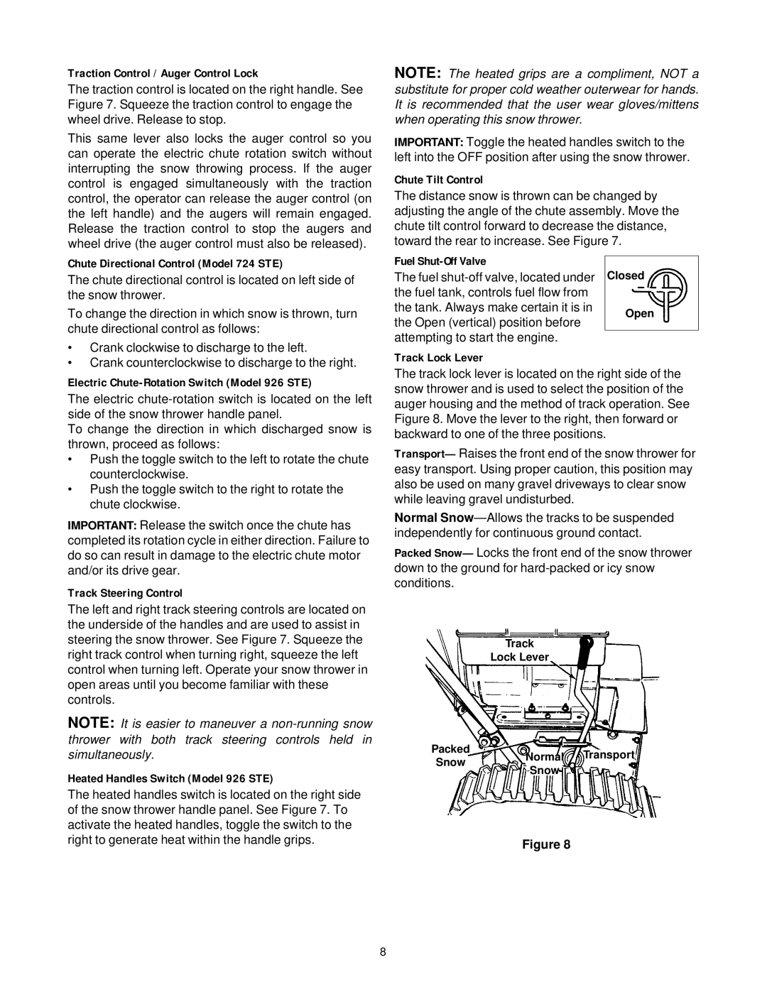 Cub Cadet manual Traction Control / Auger Control Lock, Chute Directional Control Model 724 STE, Track Steering Control 