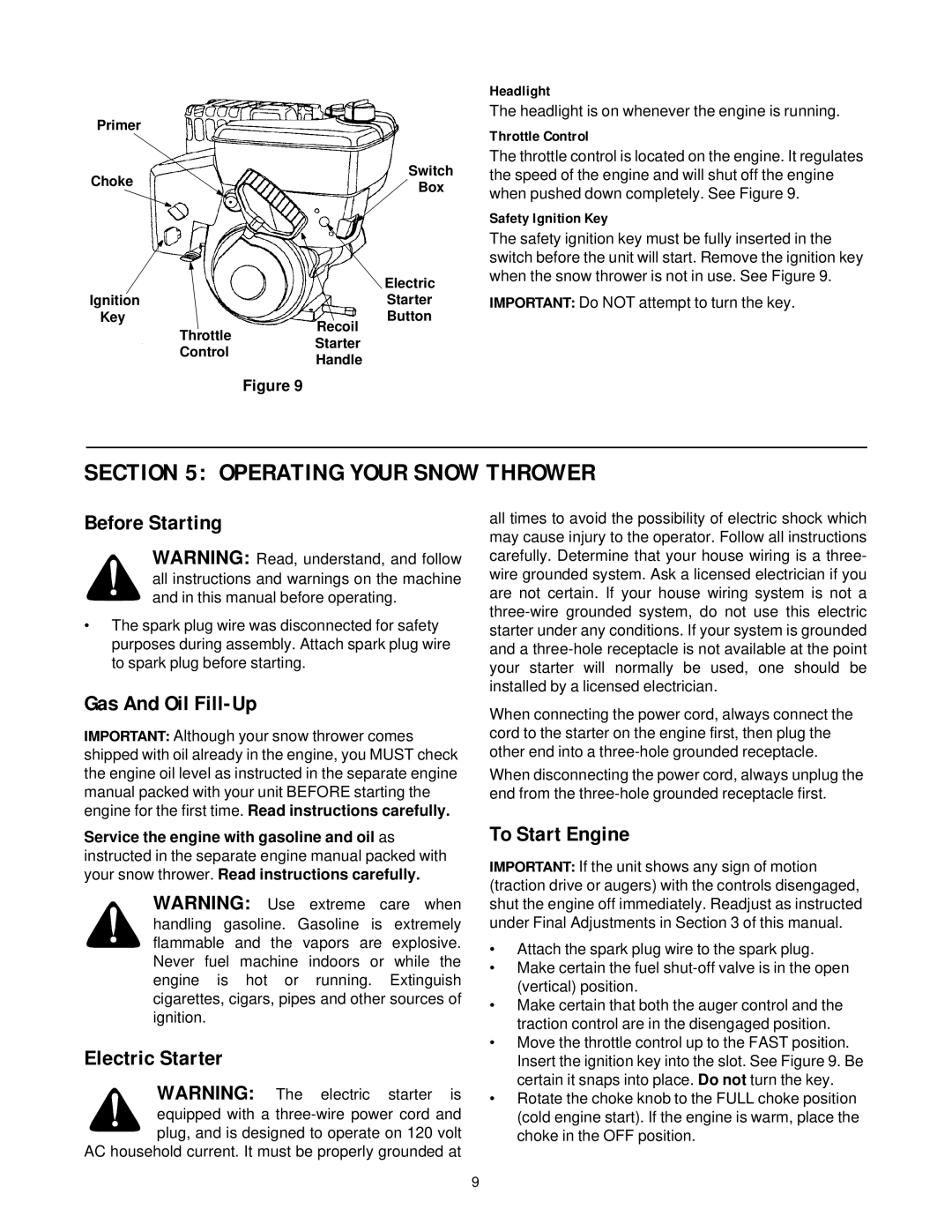 Cub Cadet 926 STE Operating Your Snow Thrower, Before Starting, Gas And Oil Fill-Up, Electric Starter, To Start Engine 