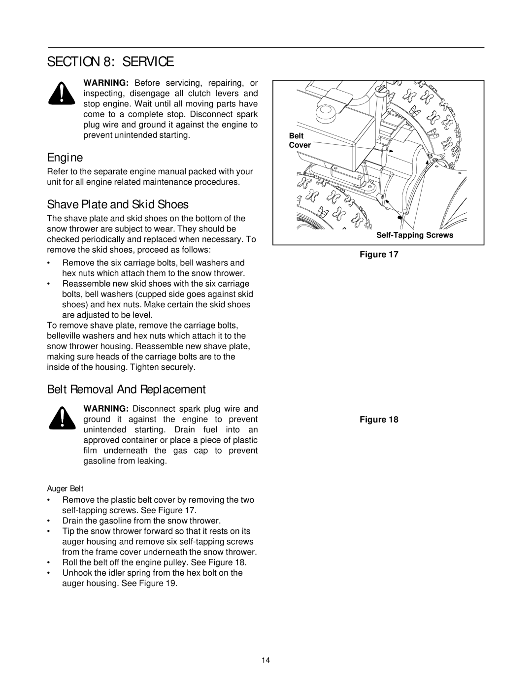 Cub Cadet 724WE manual Service, Engine, Shave Plate and Skid Shoes, Belt Removal And Replacement, Auger Belt 