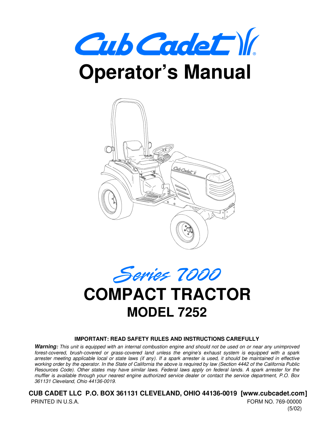 Cub Cadet 7252 manual Operator’s Manual, Important Read Safety Rules and Instructions Carefully 