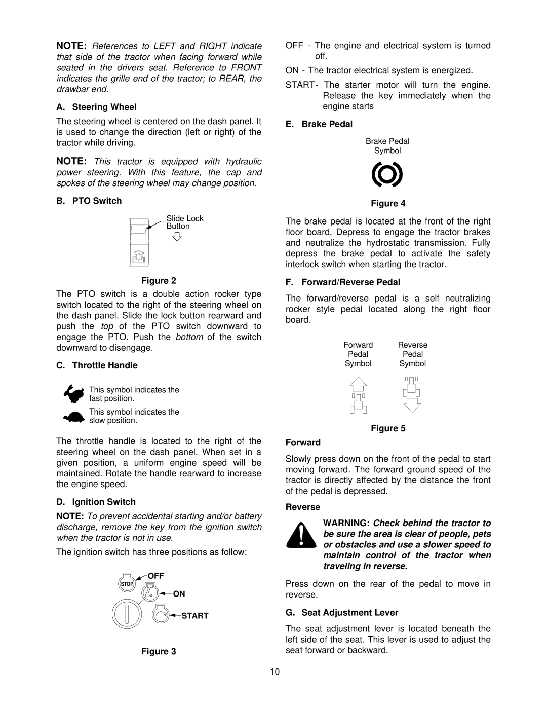 Cub Cadet 7252 manual Steering Wheel, PTO Switch, Throttle Handle, Ignition Switch, Brake Pedal, Forward/Reverse Pedal 
