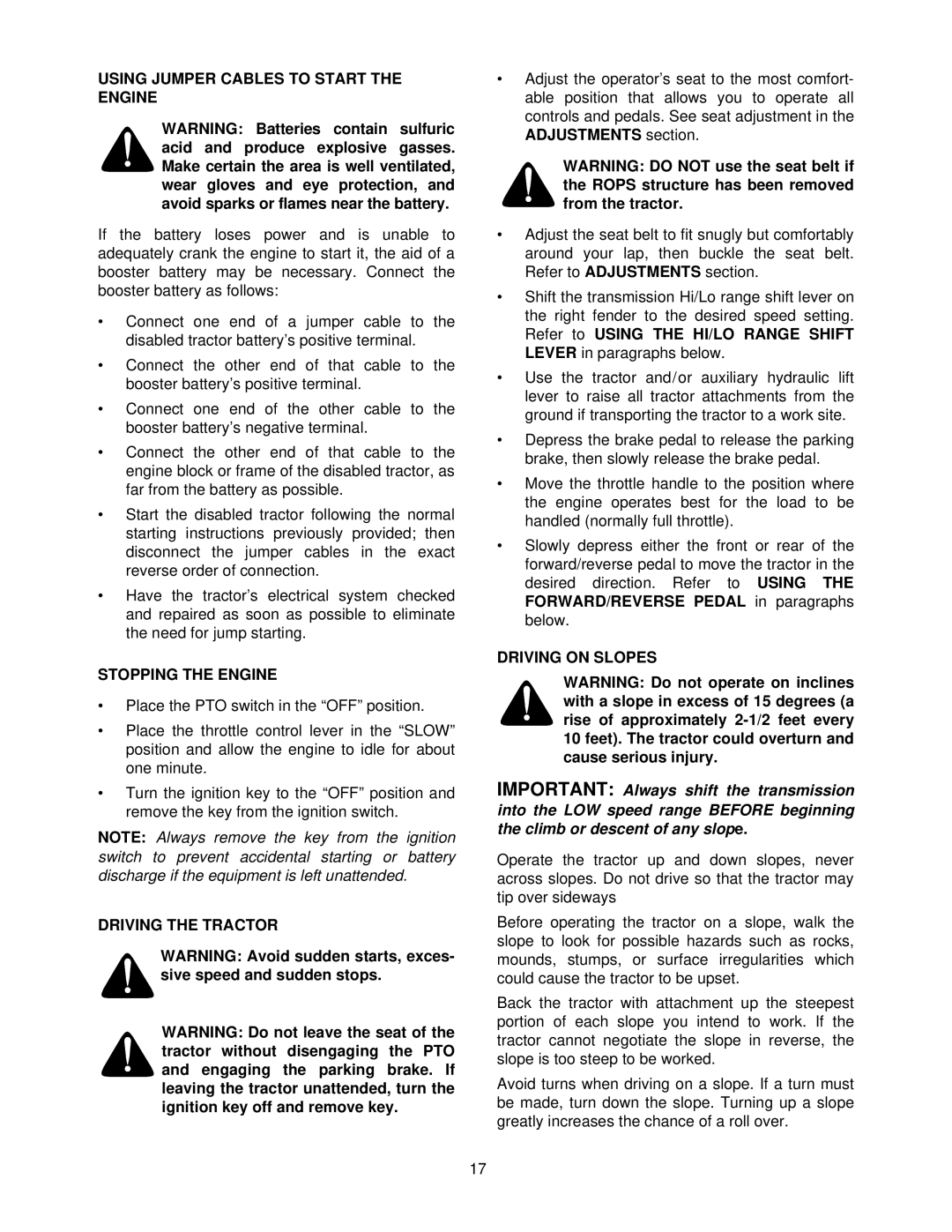 Cub Cadet 7252 manual Using Jumper Cables to Start the Engine, Stopping the Engine, Driving the Tractor, Driving on Slopes 