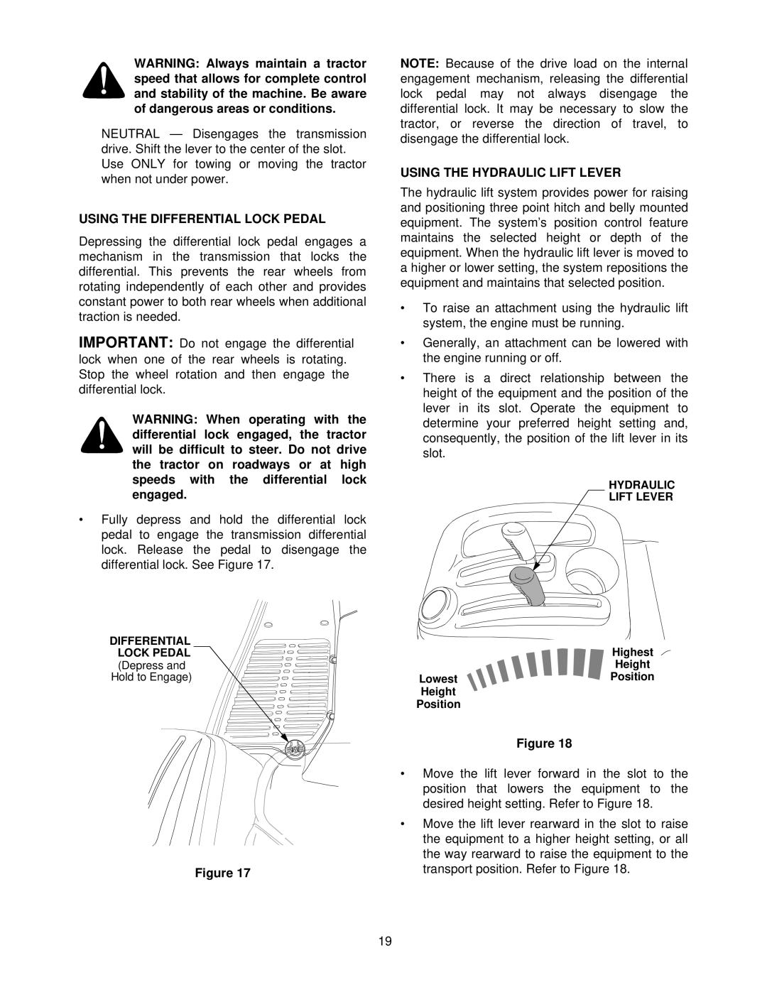 Cub Cadet 7252 manual Using the Differential Lock Pedal, Using the Hydraulic Lift Lever 