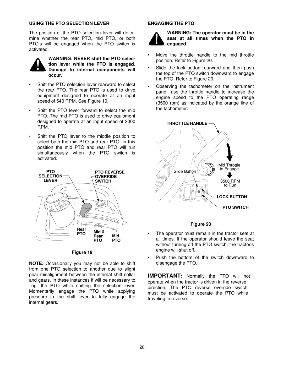 Cub Cadet 7252 manual Using the PTO Selection Lever, Engaging the PTO 