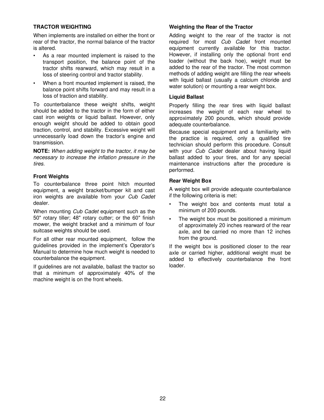 Cub Cadet 7252 manual Tractor Weighting, Front Weights, Weighting the Rear of the Tractor, Liquid Ballast, Rear Weight Box 