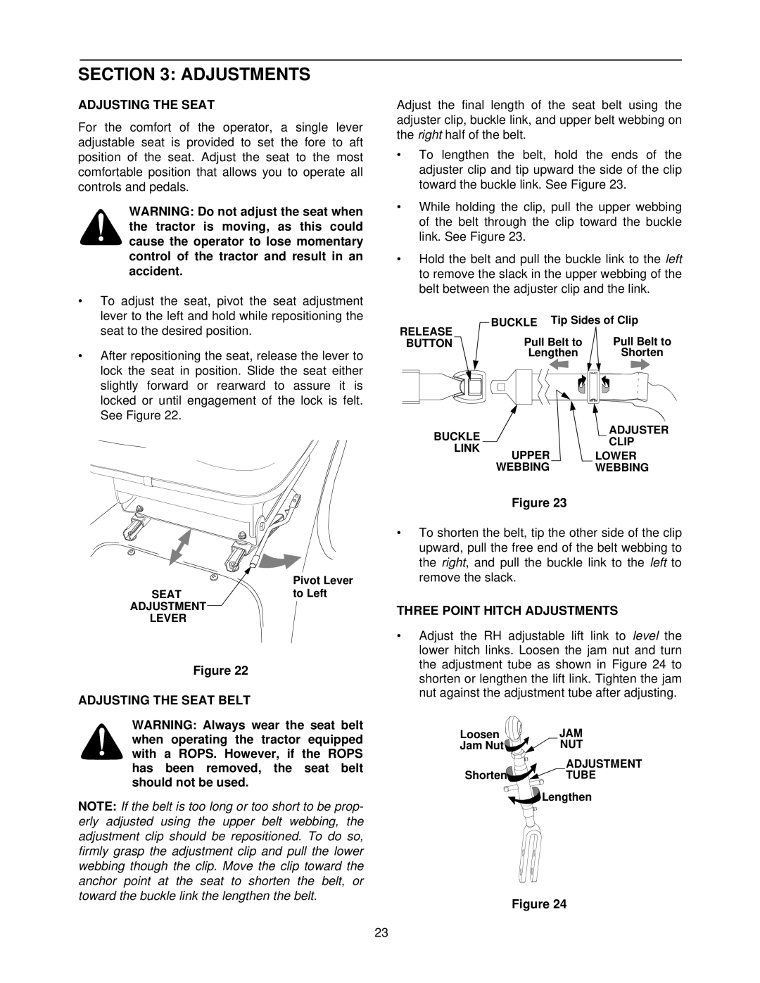 Cub Cadet 7252 manual Adjusting the Seat Belt, Three Point Hitch Adjustments 