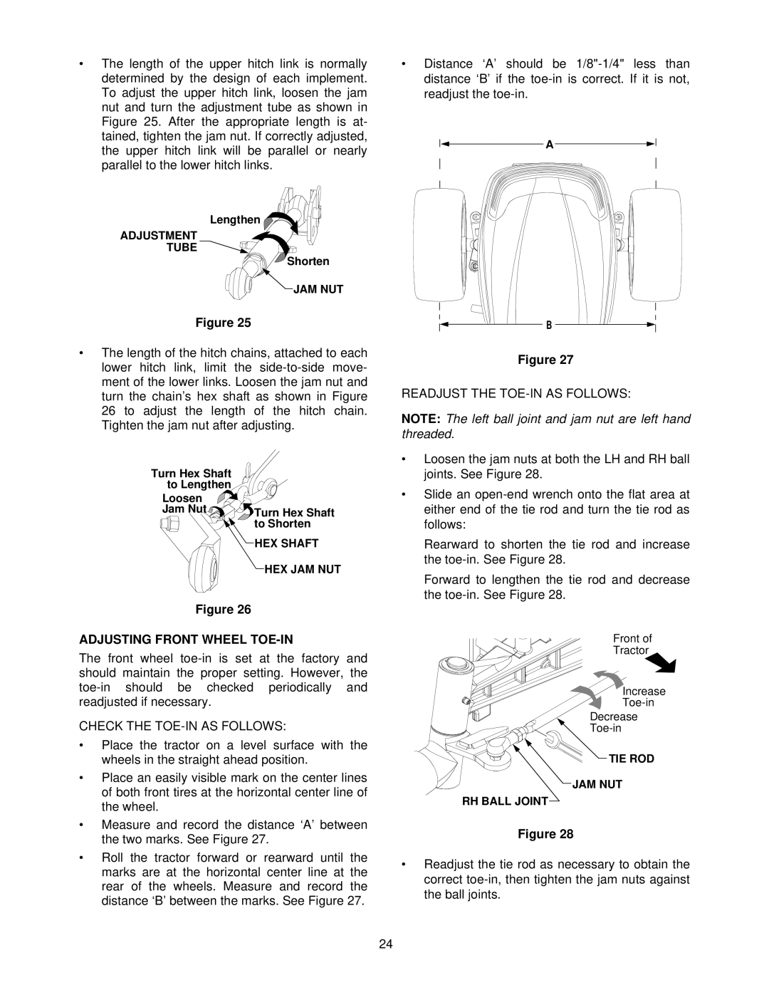 Cub Cadet 7252 manual Adjusting Front Wheel TOE-IN, Adjustment Tube, Jam Nut, HEX Shaft HEX JAM NUT 