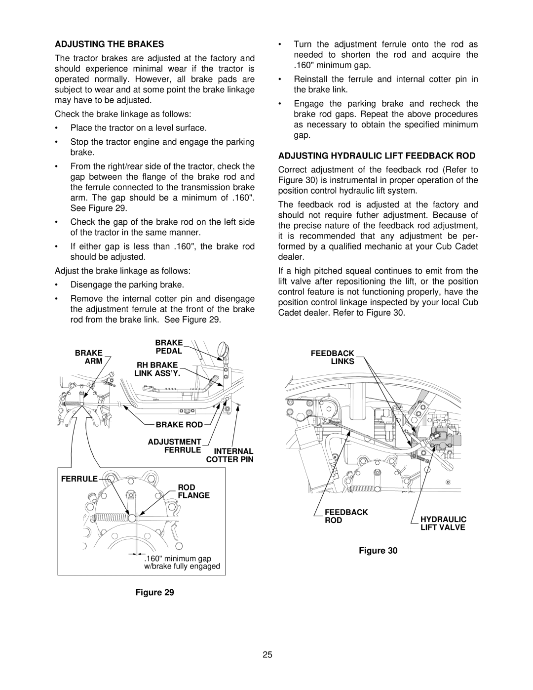 Cub Cadet 7252 manual Adjusting the Brakes, Adjusting Hydraulic Lift Feedback ROD, Feedback Links Rodhydraulic Lift Valve 