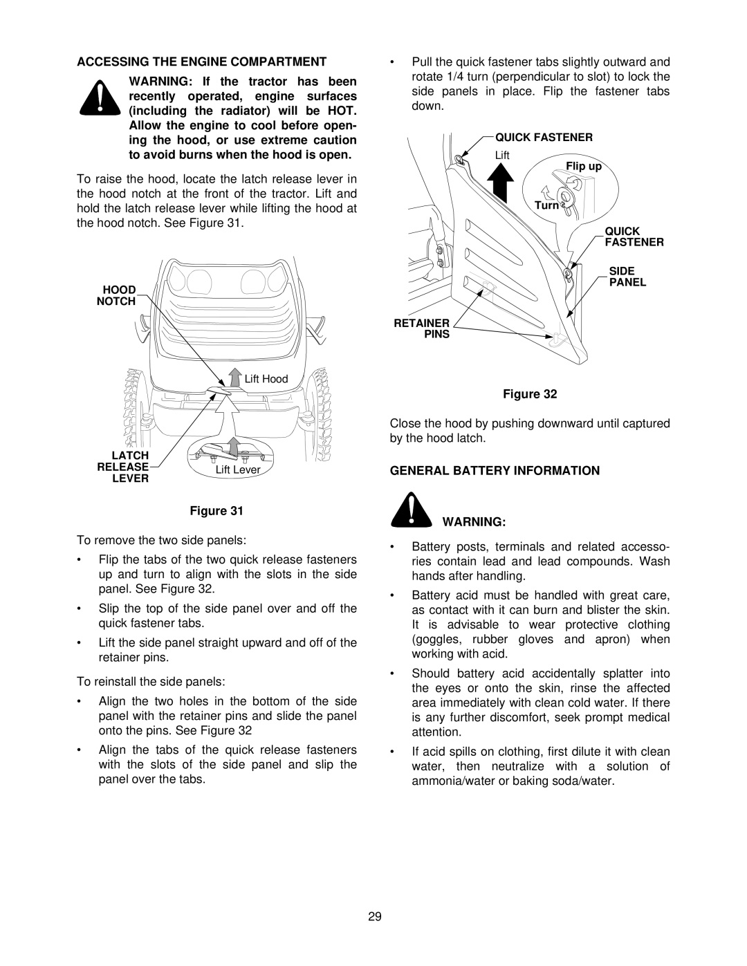 Cub Cadet 7252 manual Accessing the Engine Compartment, General Battery Information 