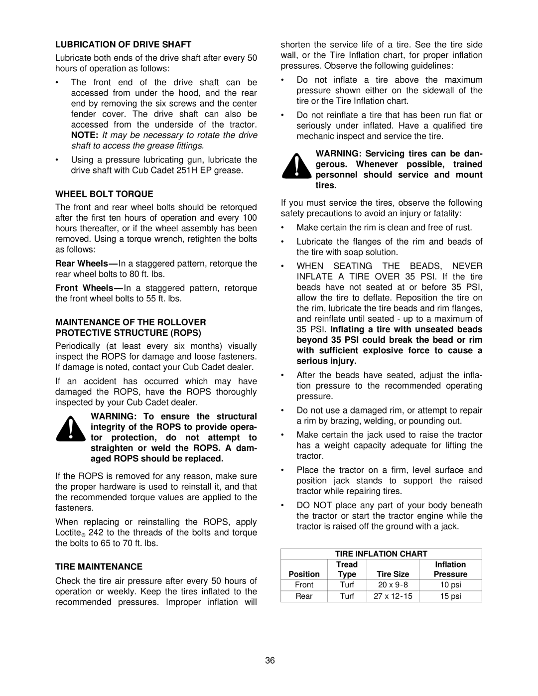 Cub Cadet 7252 manual Lubrication of Drive Shaft, Wheel Bolt Torque, Maintenance of the Rollover Protective Structure Rops 