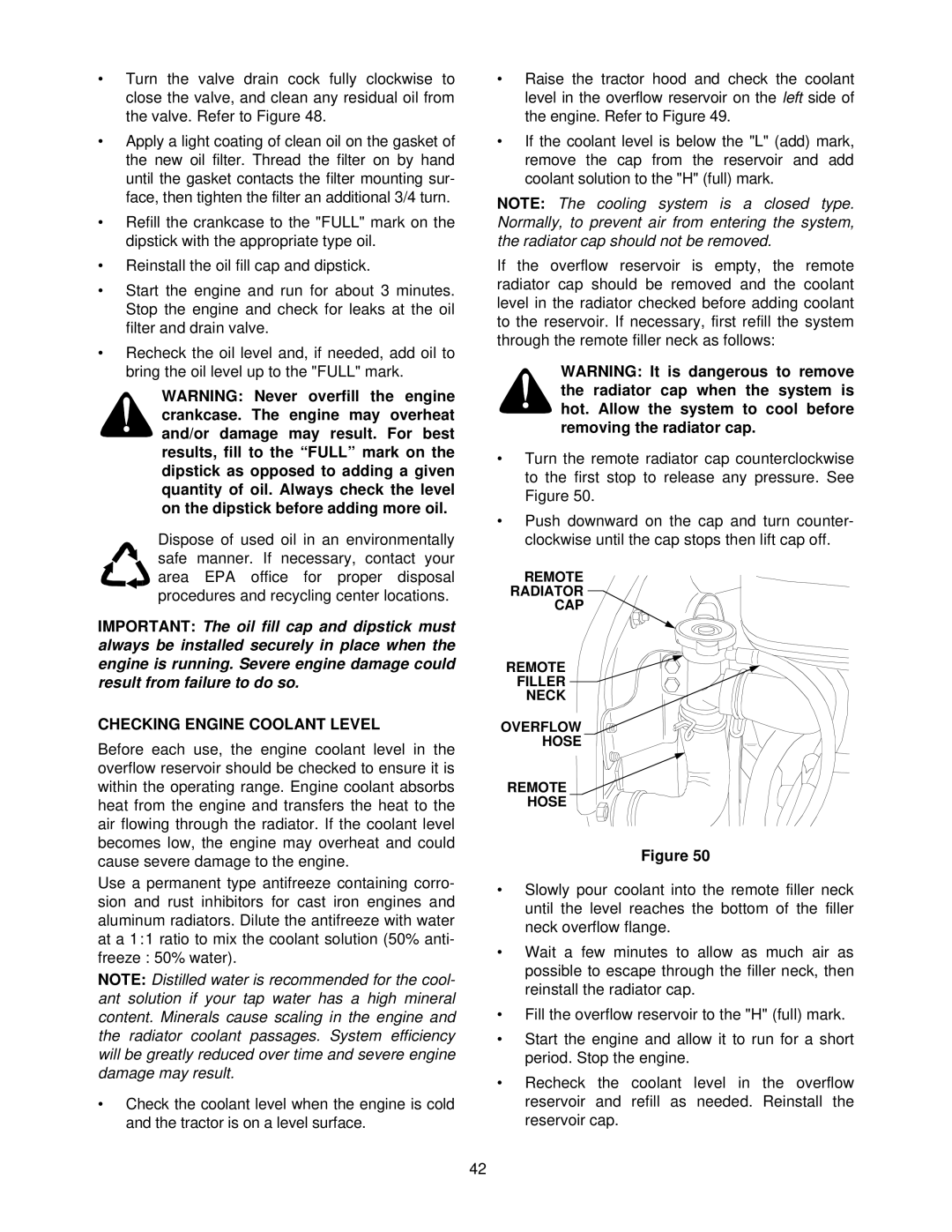 Cub Cadet 7252 manual Checking Engine Coolant Level, Remote Radiator CAP Filler Neck Overflow Hose 